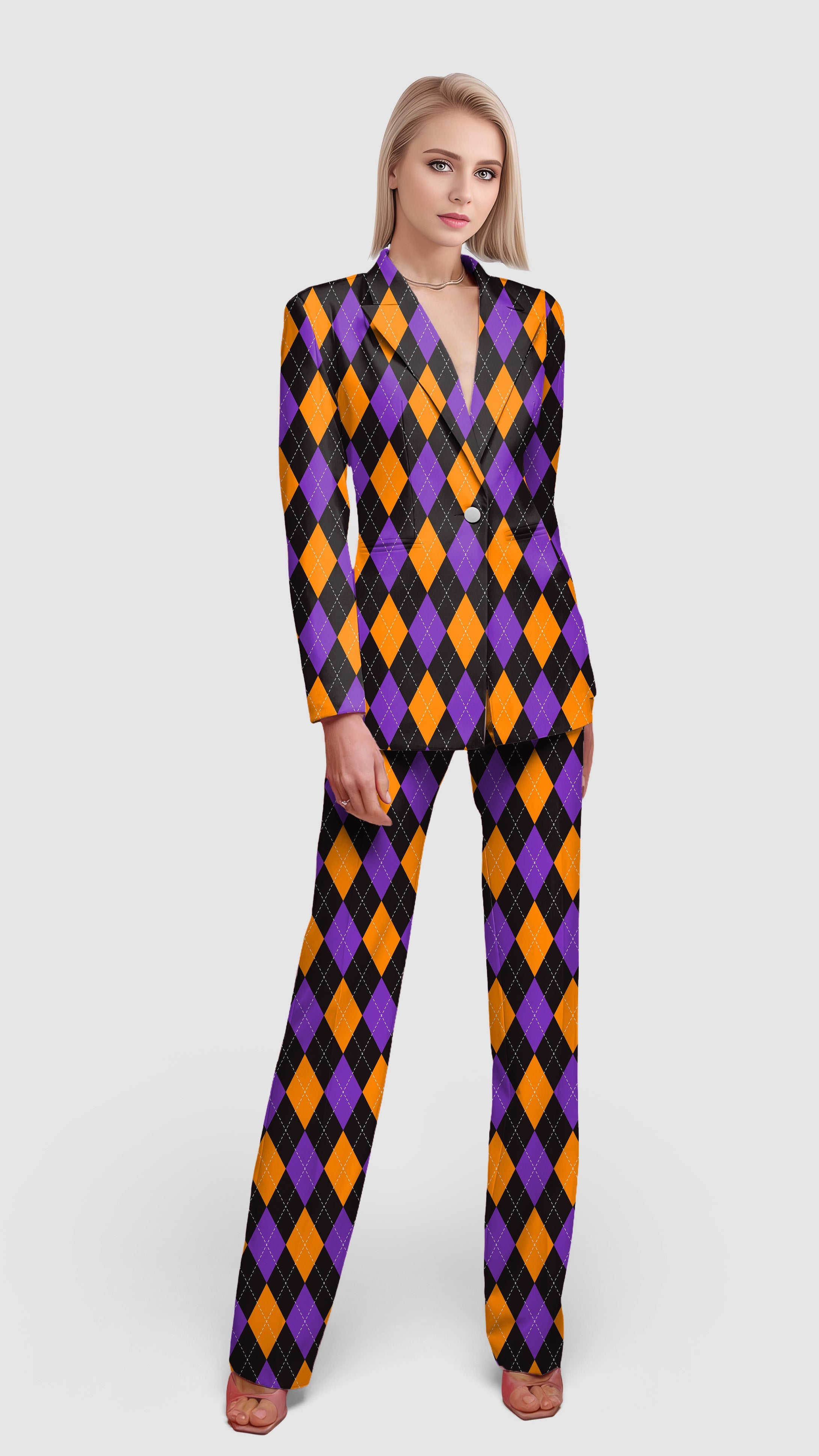 Women's blazer suit set with orange, purple, and black argyle pattern for casual work and office wear