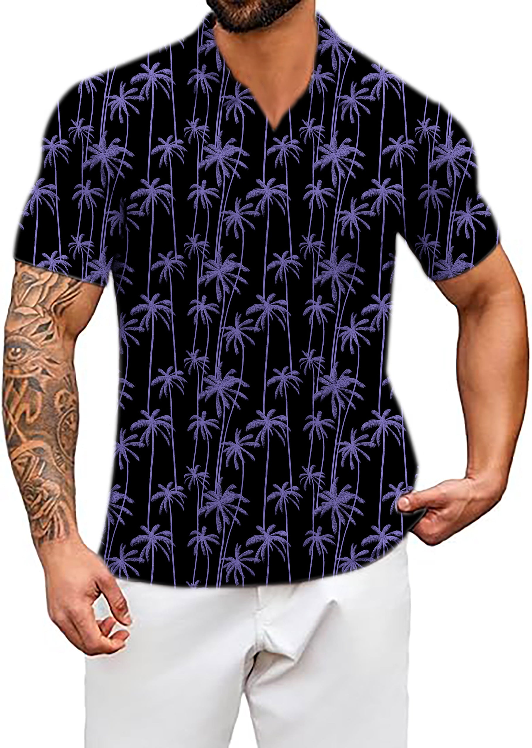 Men's Purple Coconut Tree V Neck Golf Polo Shirts