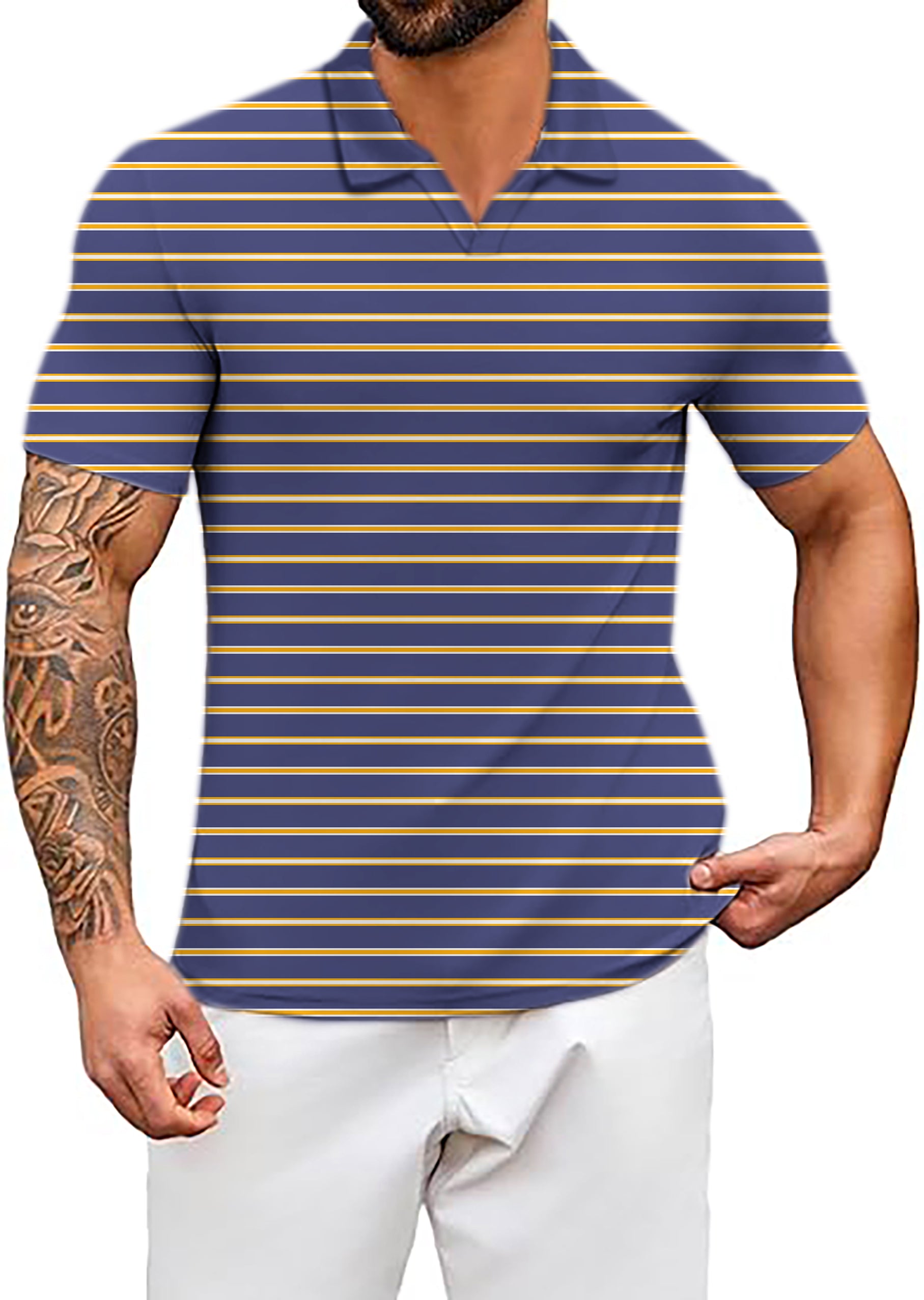 Men's Navy blue and orange stripes V Neck Golf Polo Shirts limited