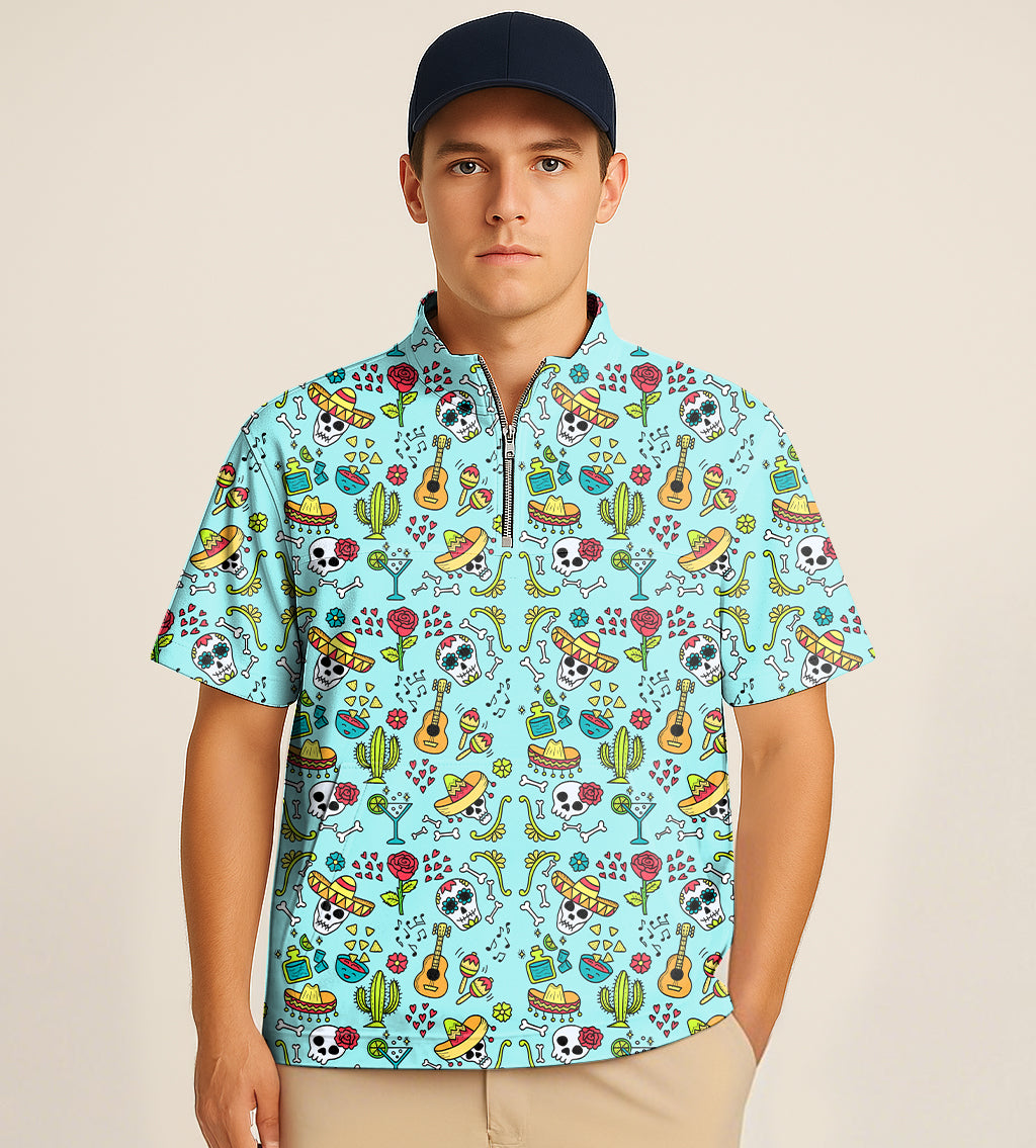 Men's half zipper turtleneck golf short shirt with colorful fiesta time embroidery pattern