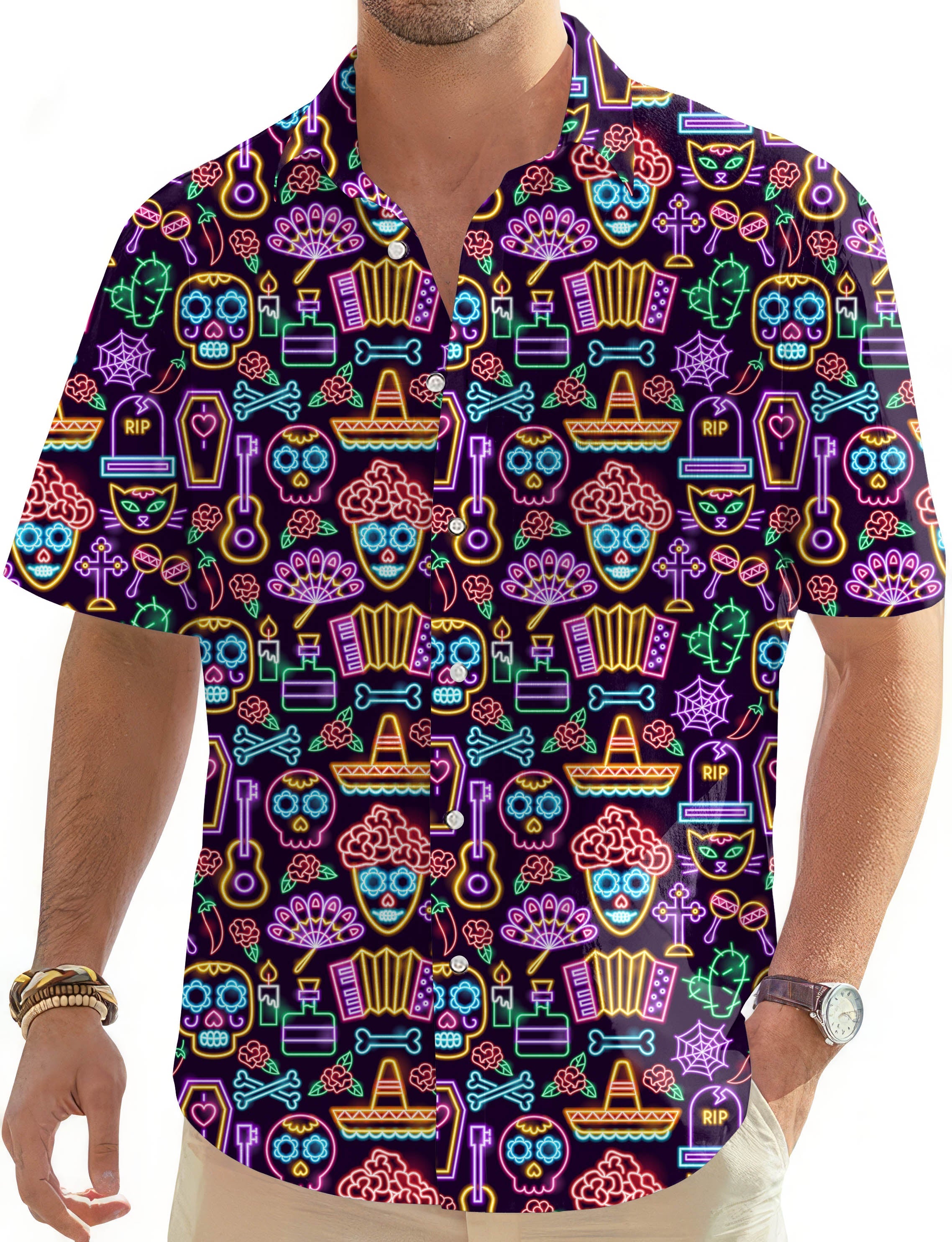 Joker Neon-Men's vibrant neon pattern Hawaiian golf shirt with button-down collar and short sleeves