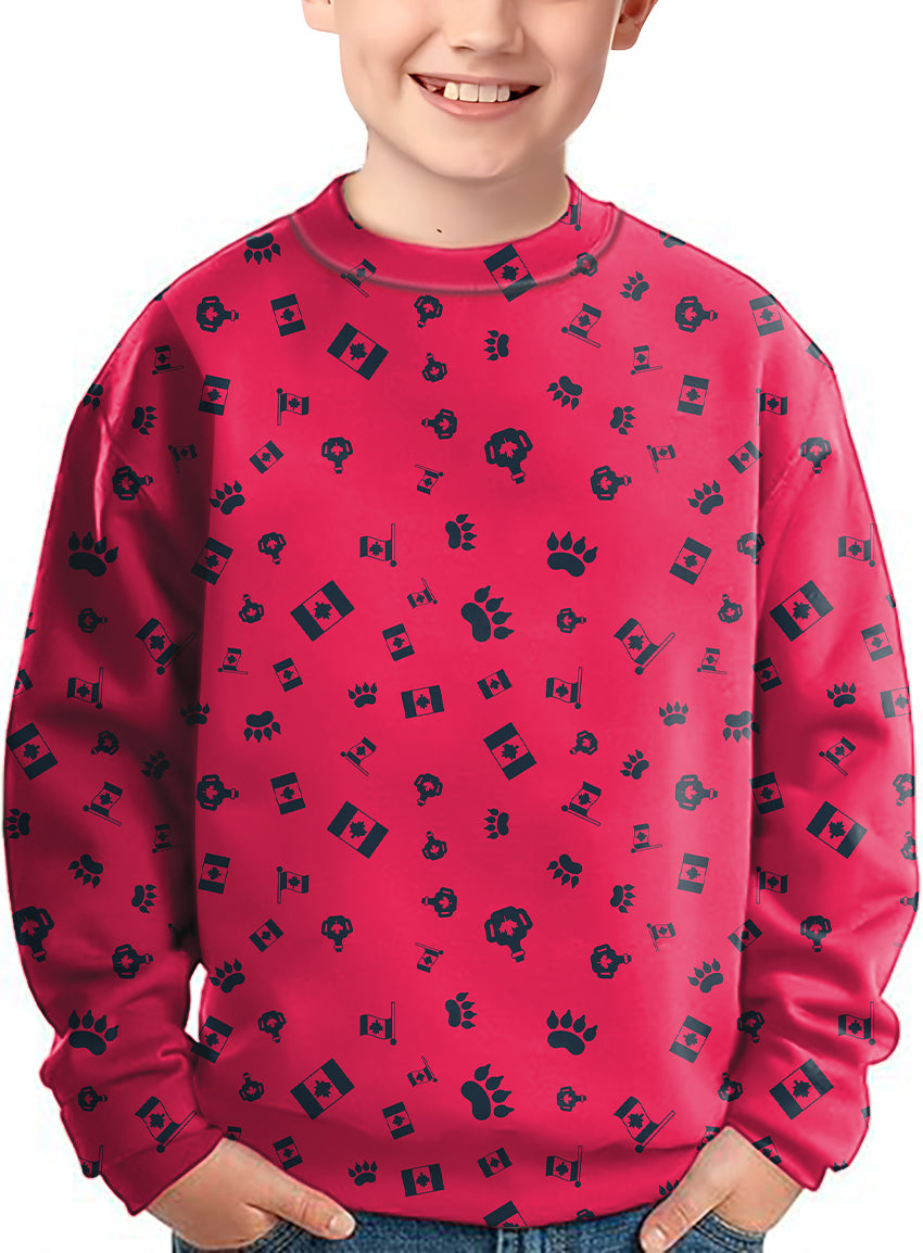Kids red crewneck pullover with black Canadian flag and paw prints pattern