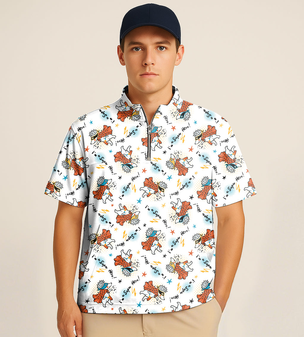 Half zipper turtleneck golf shirt with hedgehog embroidery and all-over print design