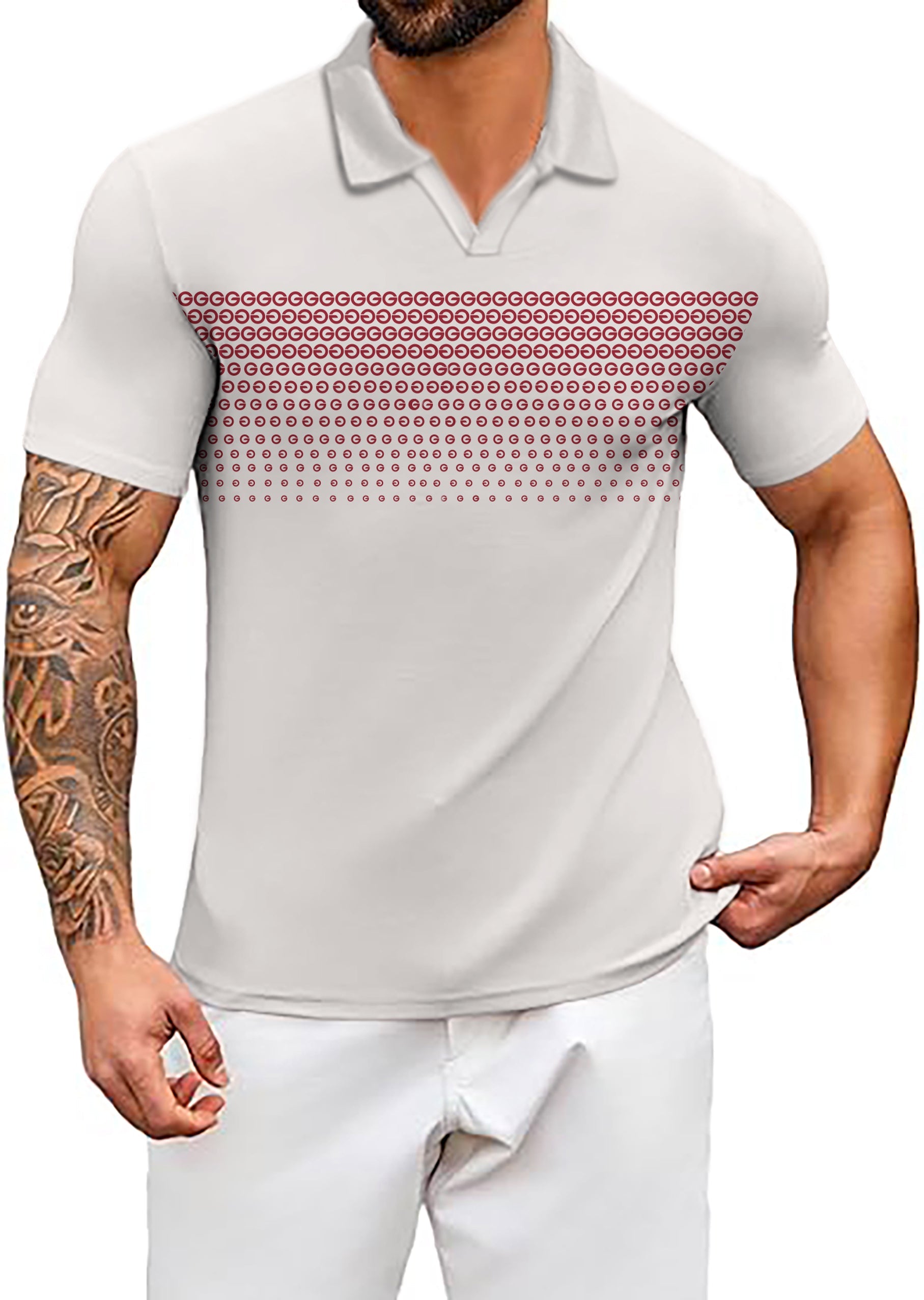 Men's Coconut Palm white polo shirt with red dot pattern and classic fit