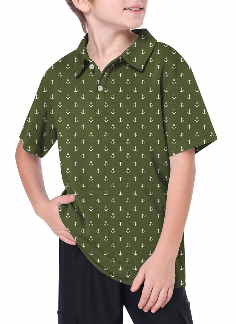 Youth dark green anchor golf polo shirt with 4-way stretch and moisture-wicking fabric