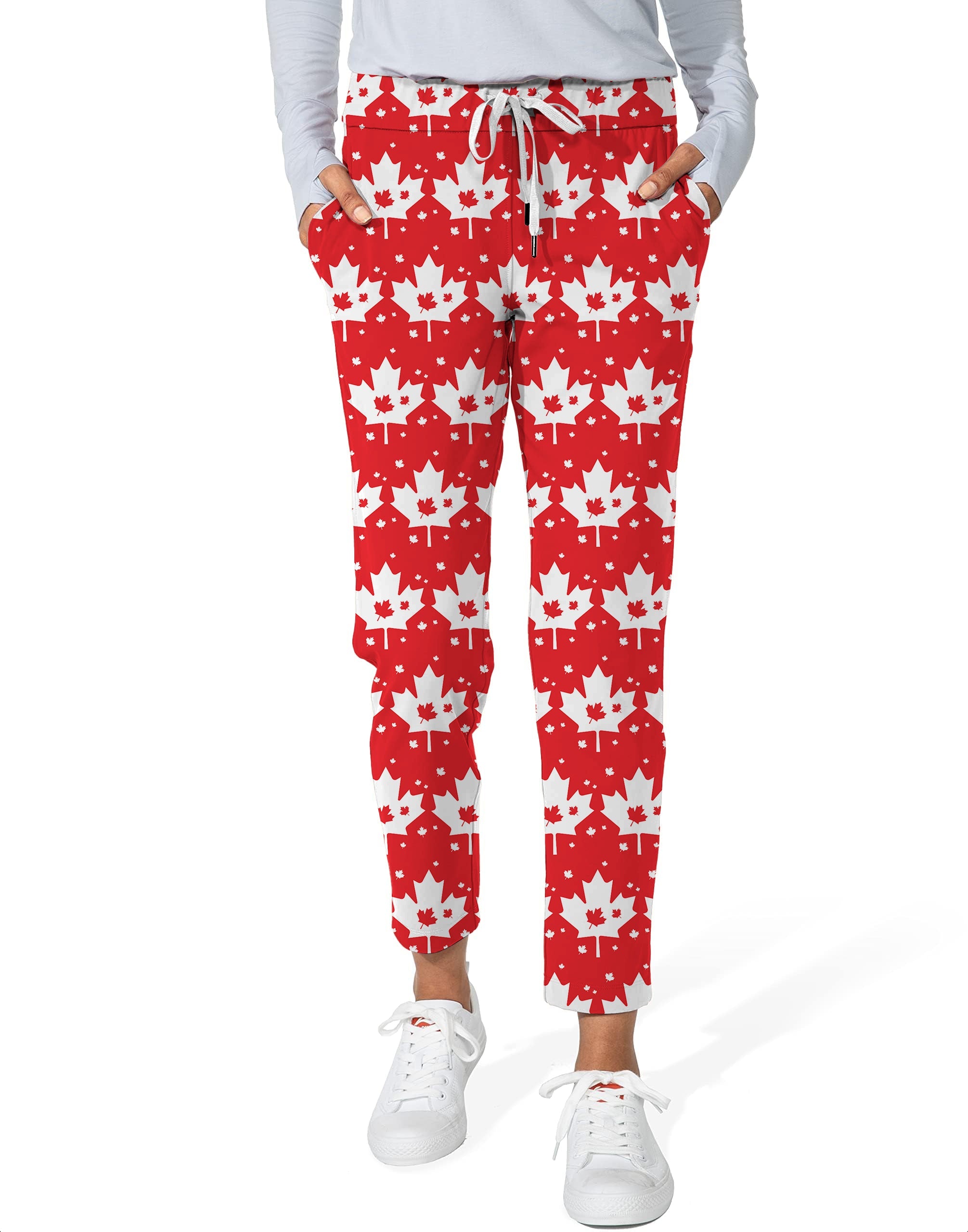 Women's 7/8 stretch ankle golf pants with red and white Canadian Maple Leaf pattern