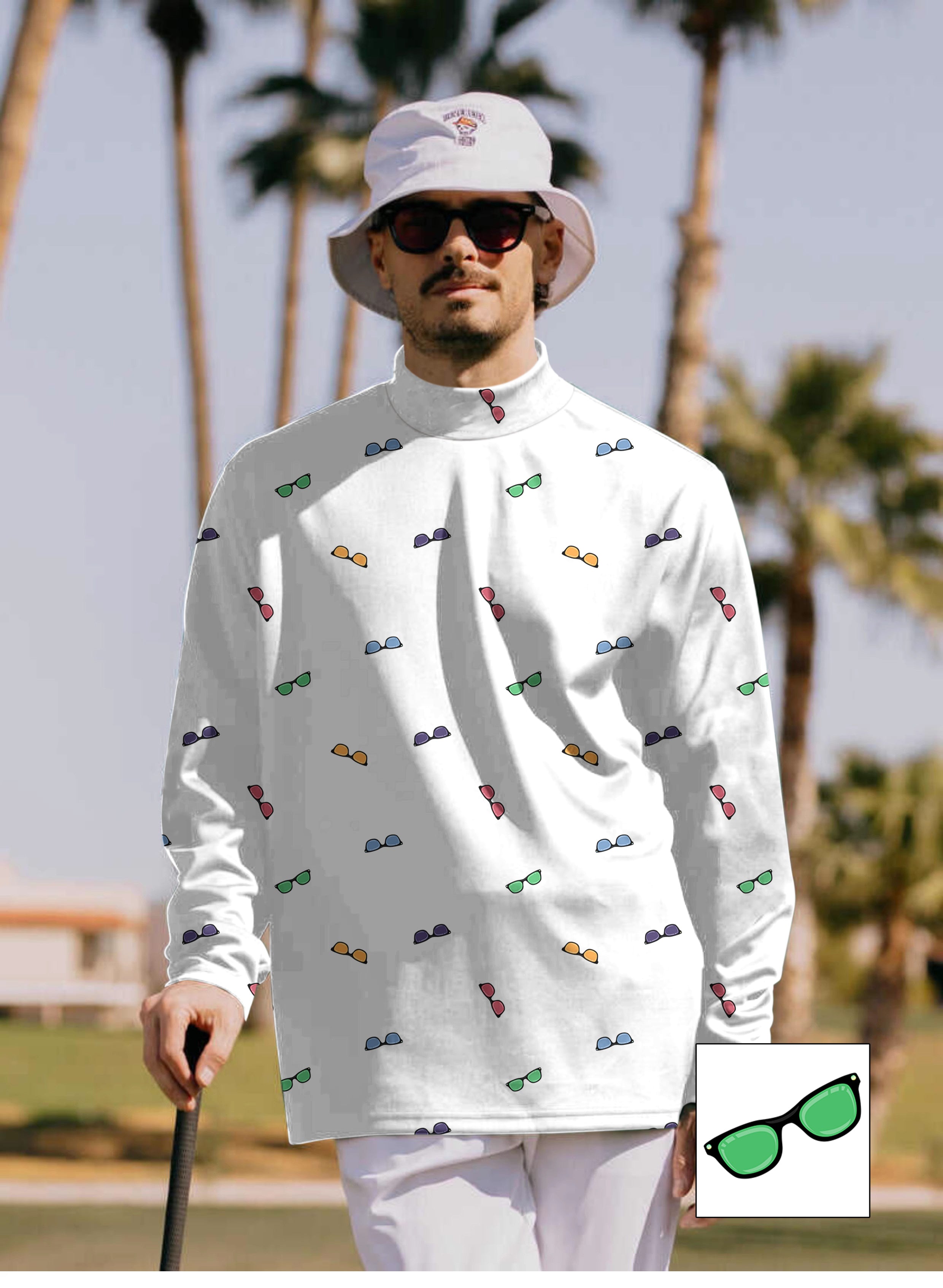 Men's colorful sunglass patterned high neck long sleeve pullover shirt with custom design