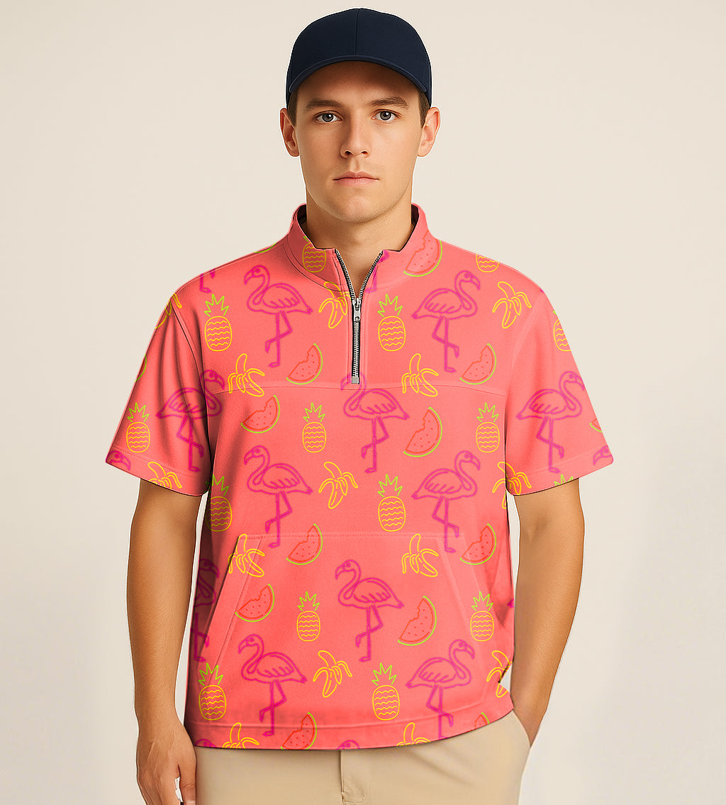 Half zipper turtleneck golf shirt with fruity flamingo embroidery and tropical fruit patterns