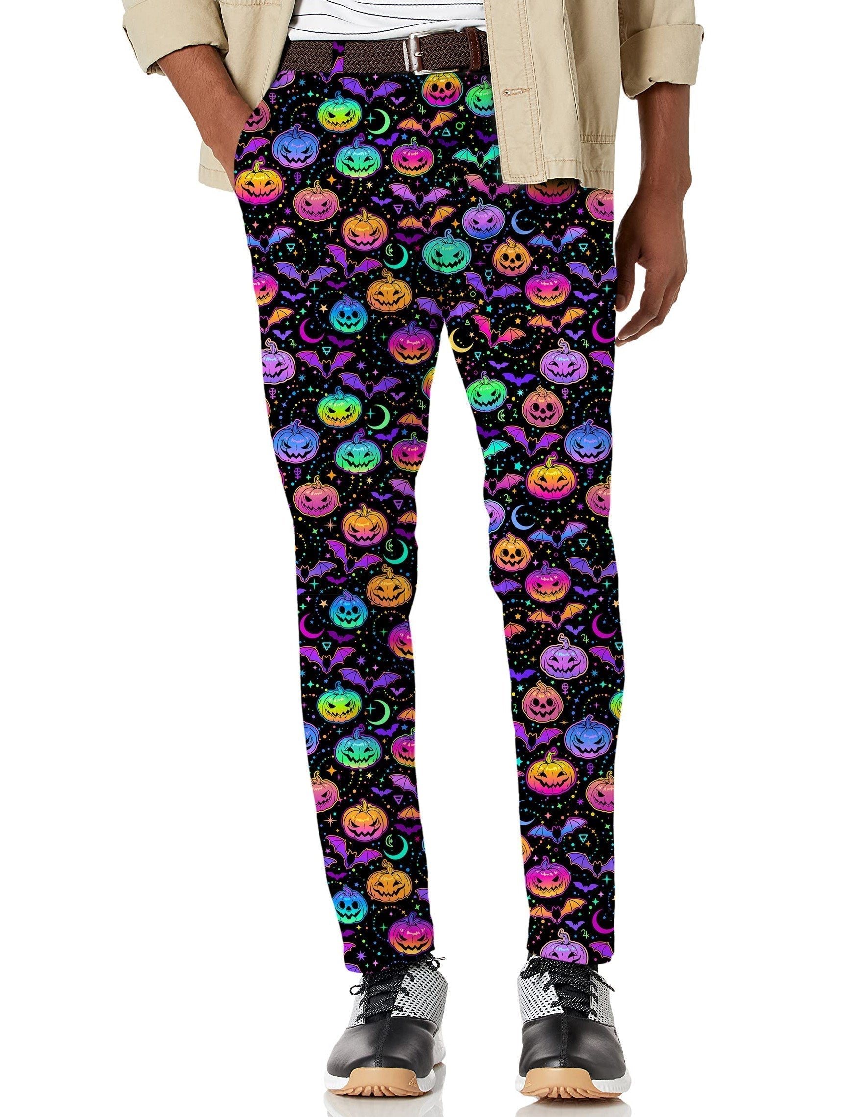 Men's neon Halloween pumpkin golf pants with stretch and moisture-wicking fabric