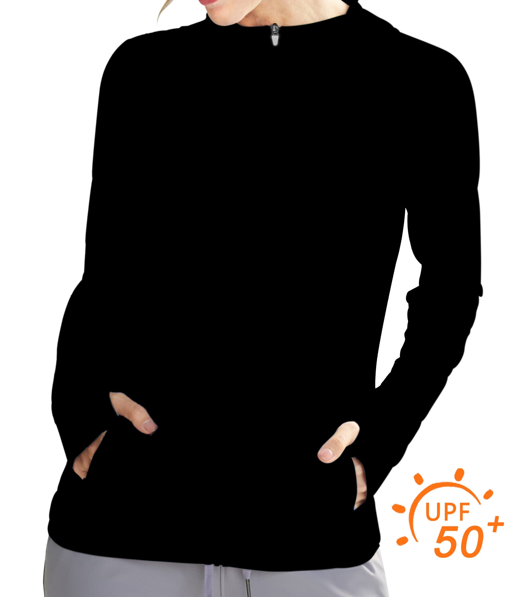 Women's outdoor slim fit black golf sun protection zip hoodie with UPF 50+