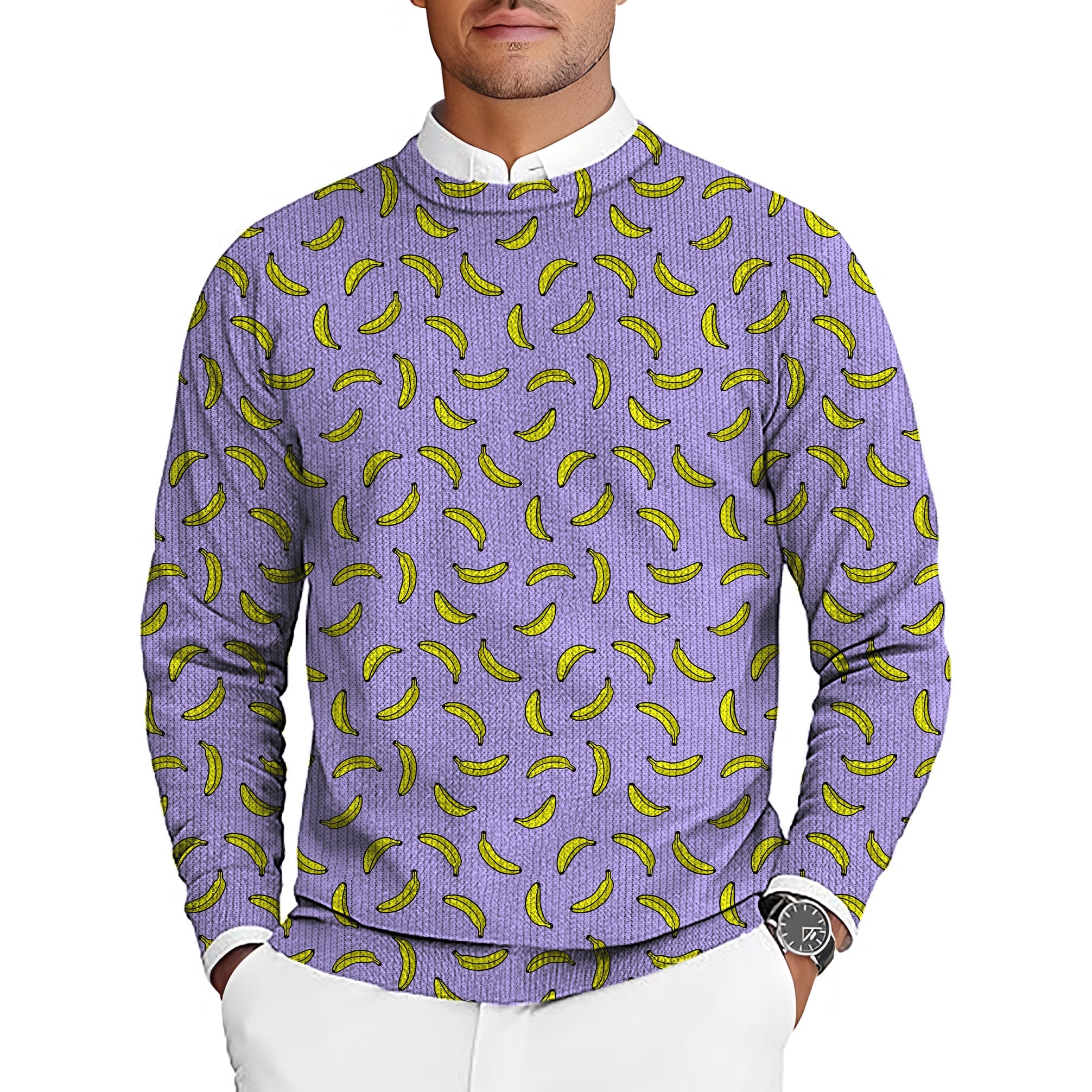 Taro Purple Banana men's golf pullover sweater with banana pattern and crewneck design