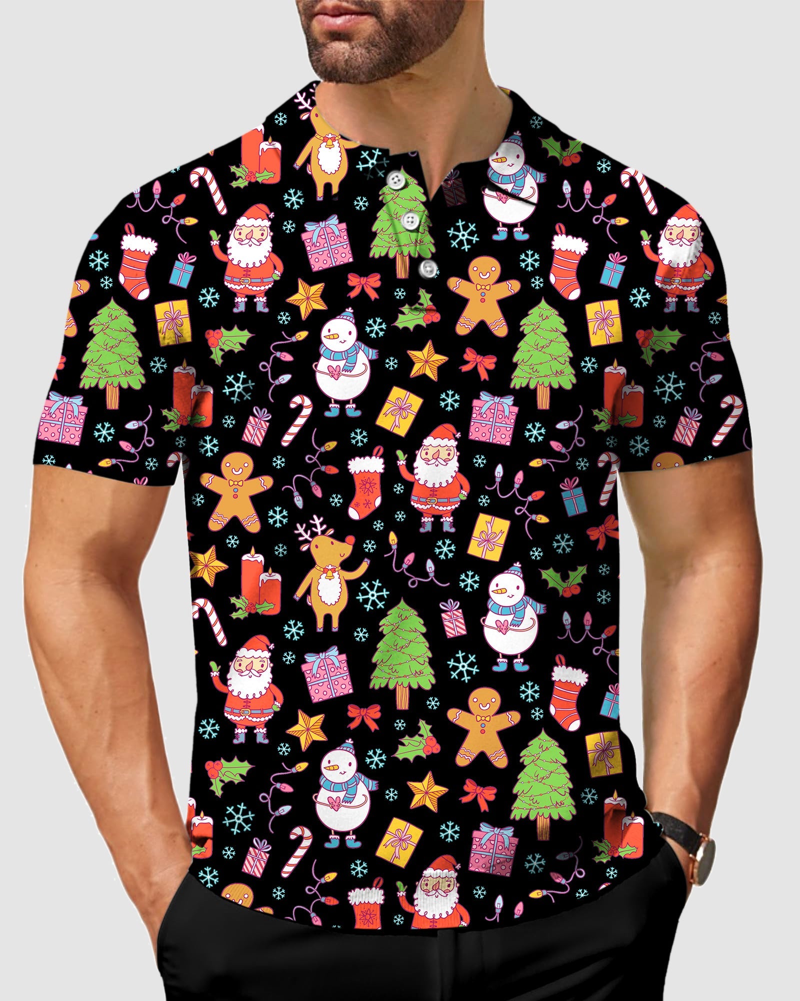 Men's Merry Christmas golf polo shirt with festive holiday pattern on black background, comfortable and stylish for the golf course.