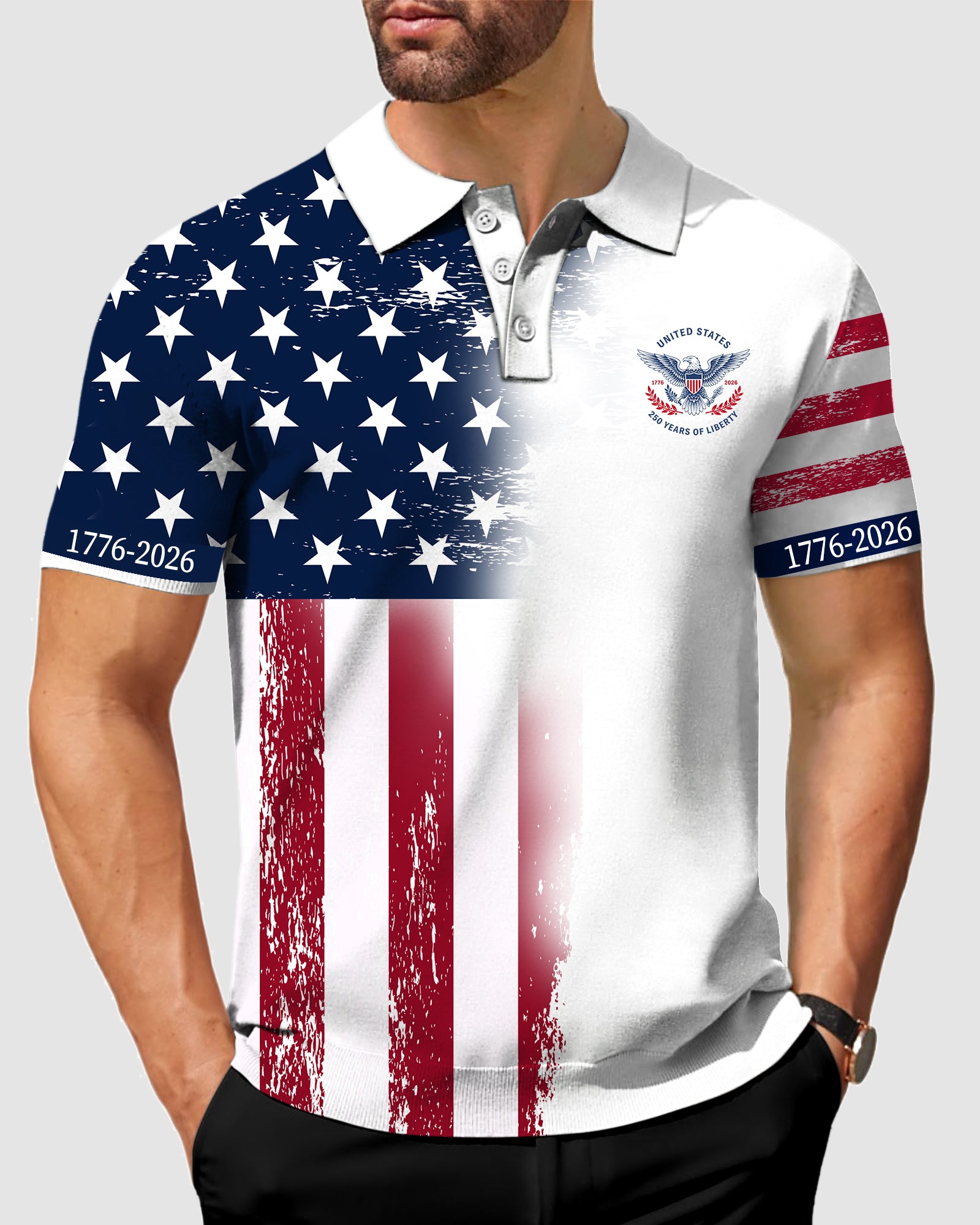 Men's The United States Celebrates Its 250th Anniversary of Independence Embroidery On The Left Chest White Polo