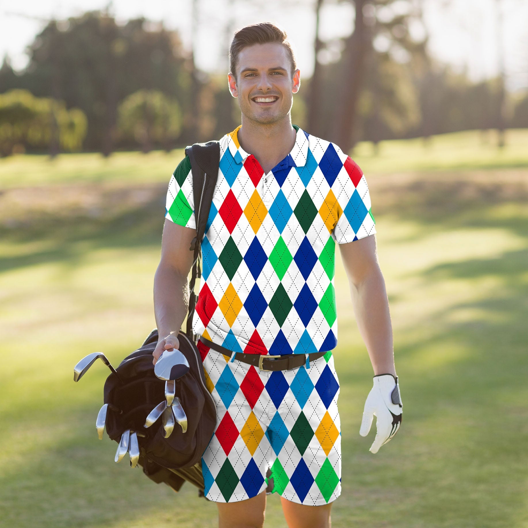 Men's golf set with colorful argyle polo shirt and matching shorts designed for comfort and style on the course