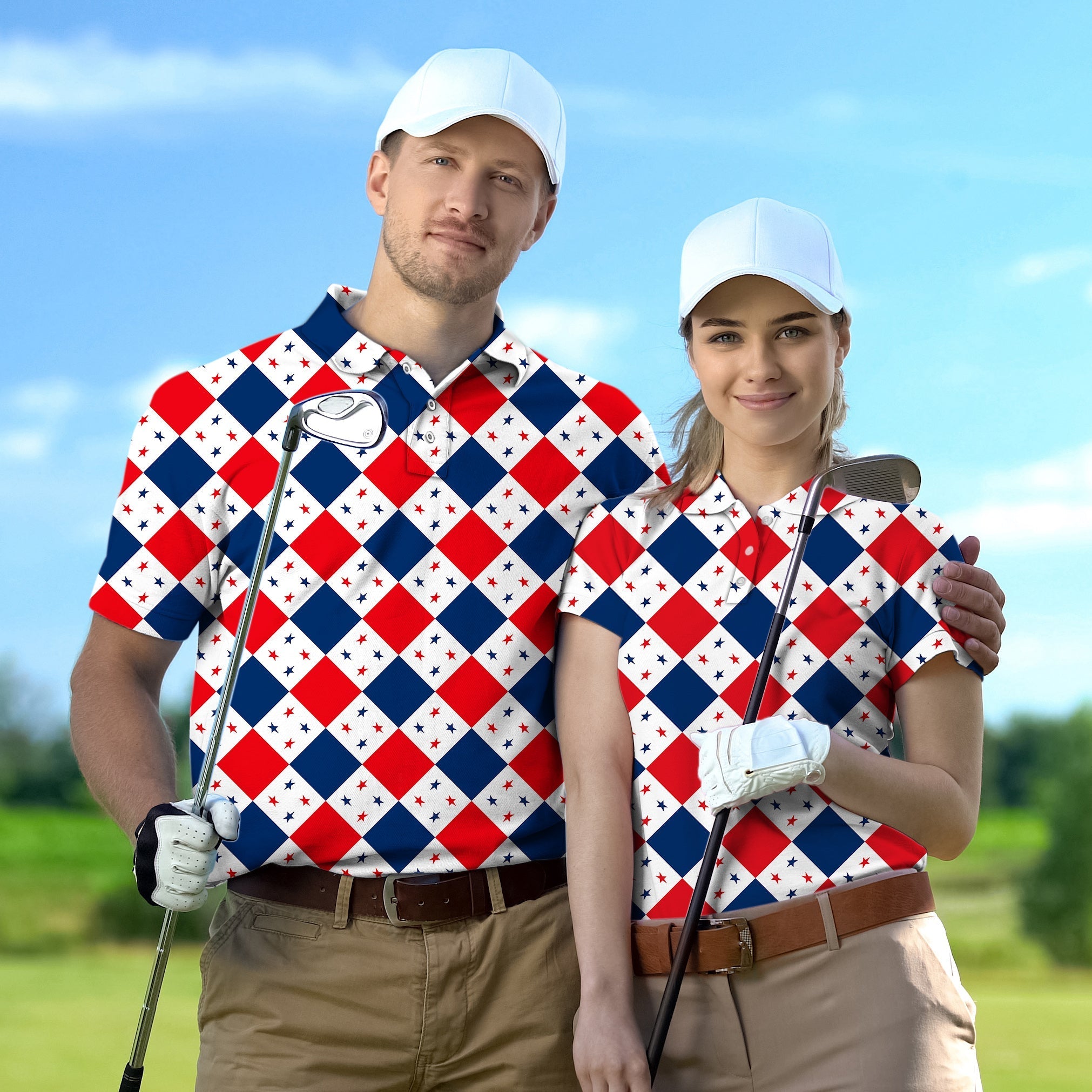 Couple Argyle golf shirts with US star flag design, moisture-wicking fabric, UPF 40+ protection, and classic fit for tournament play