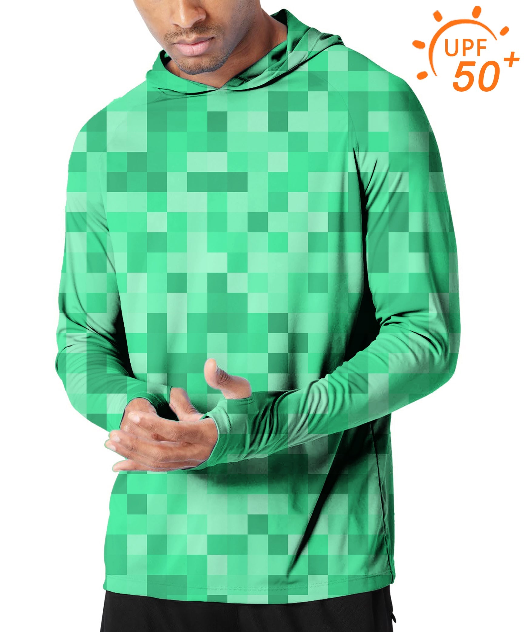 Men's outdoor green pixel print slim fit golf hoodie with UPF 50+ sun protection and thumb holes