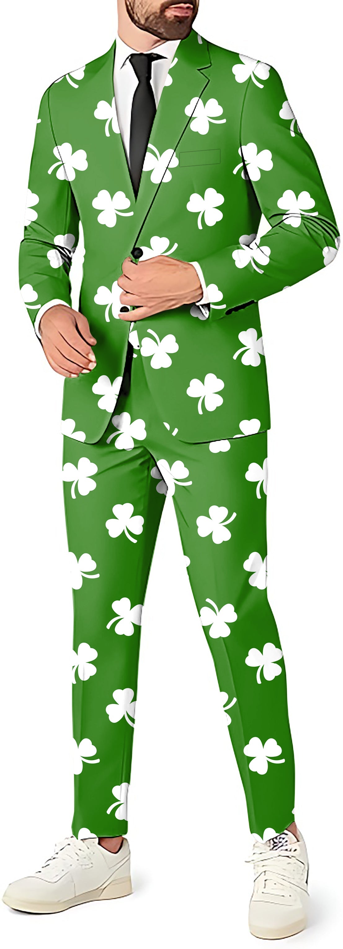 Men's green party suit with white leaf clover print, blazer, vest, and pants for St. Patrick's Day.