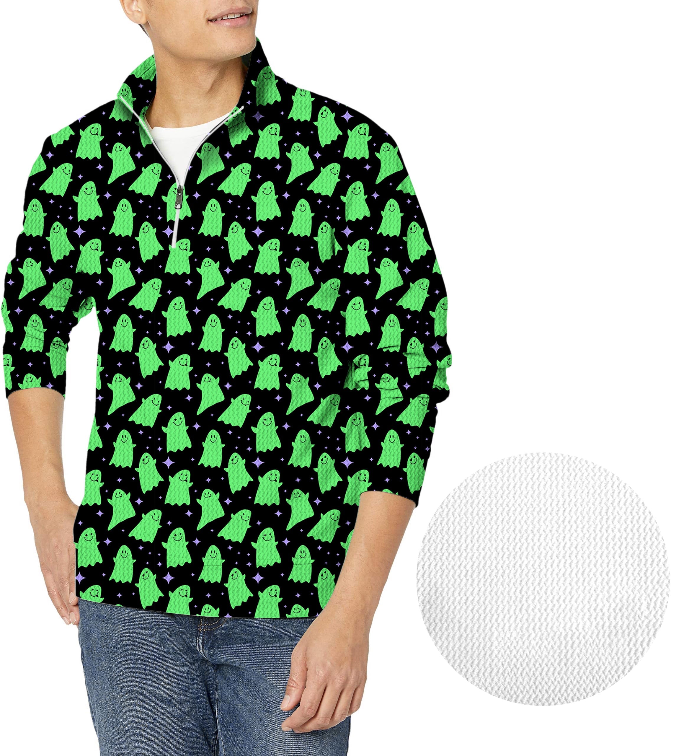 Halloween Green Ghost men's golf waffle zipper pullover with bright green ghost pattern on black background