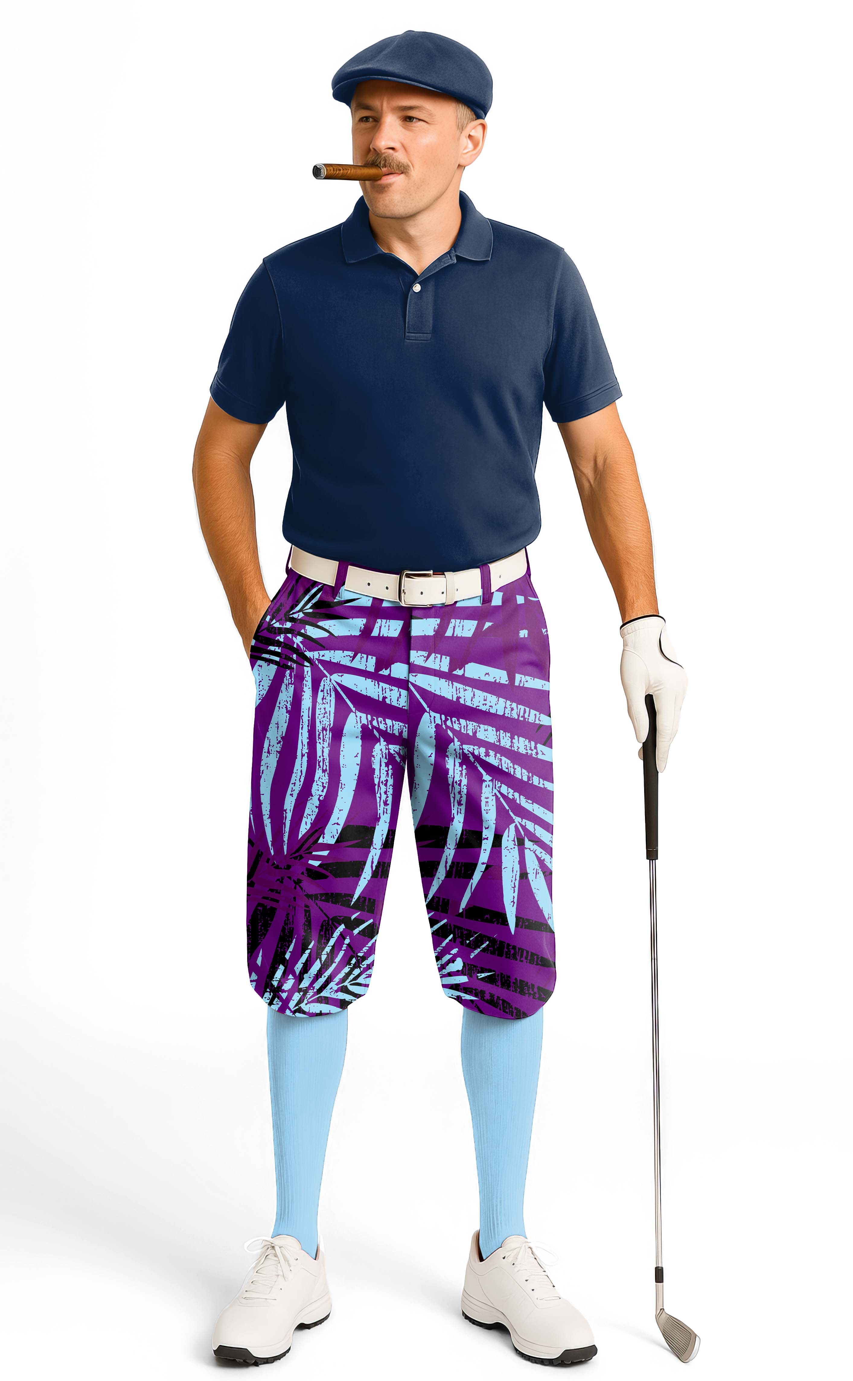 man wearing purple leaf men's golf knickers with blue leafy pattern and navy polo shirt holding golf club