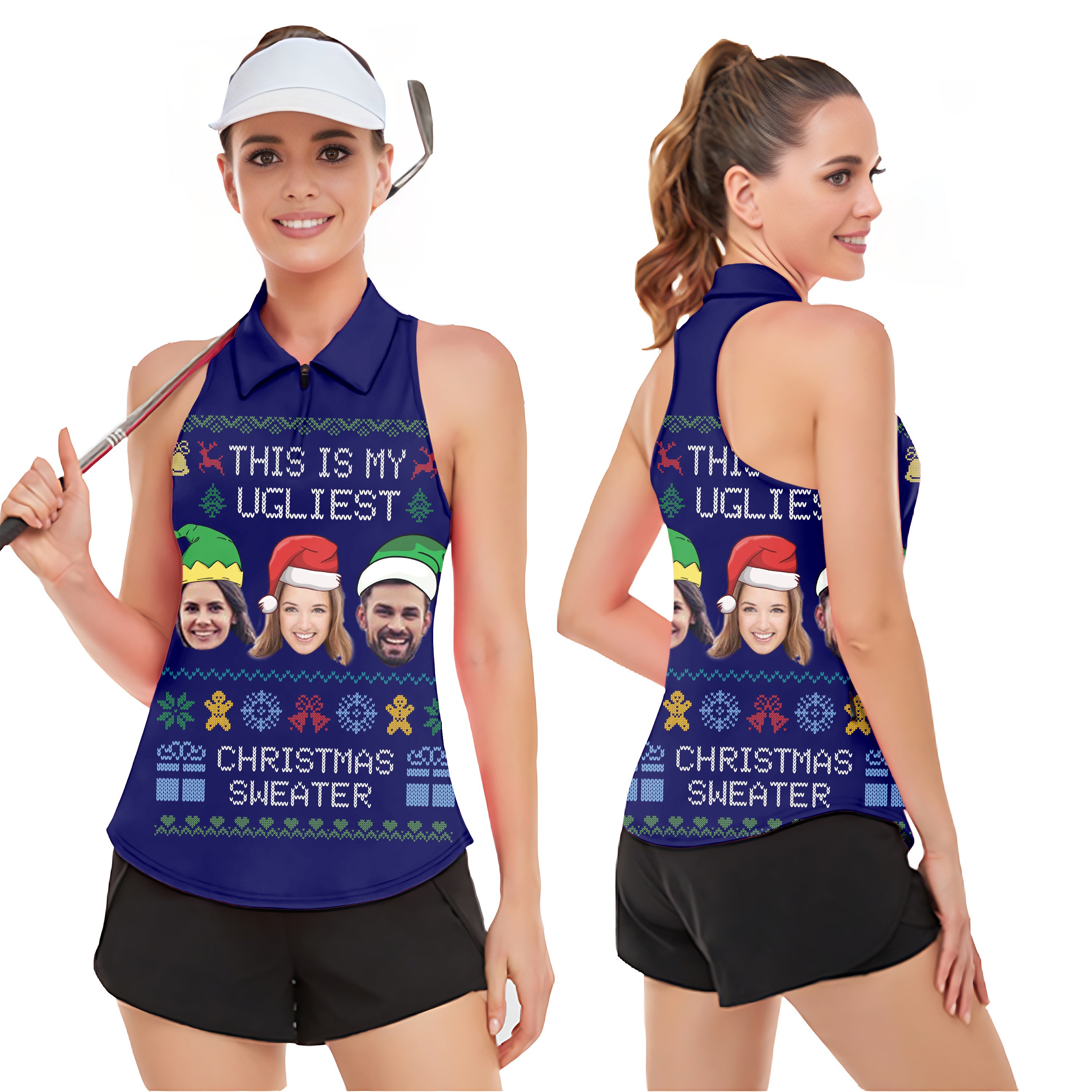 Navy-Christmas Custom face Women’s Sleeveless Golf Tank Top Shirt Polo