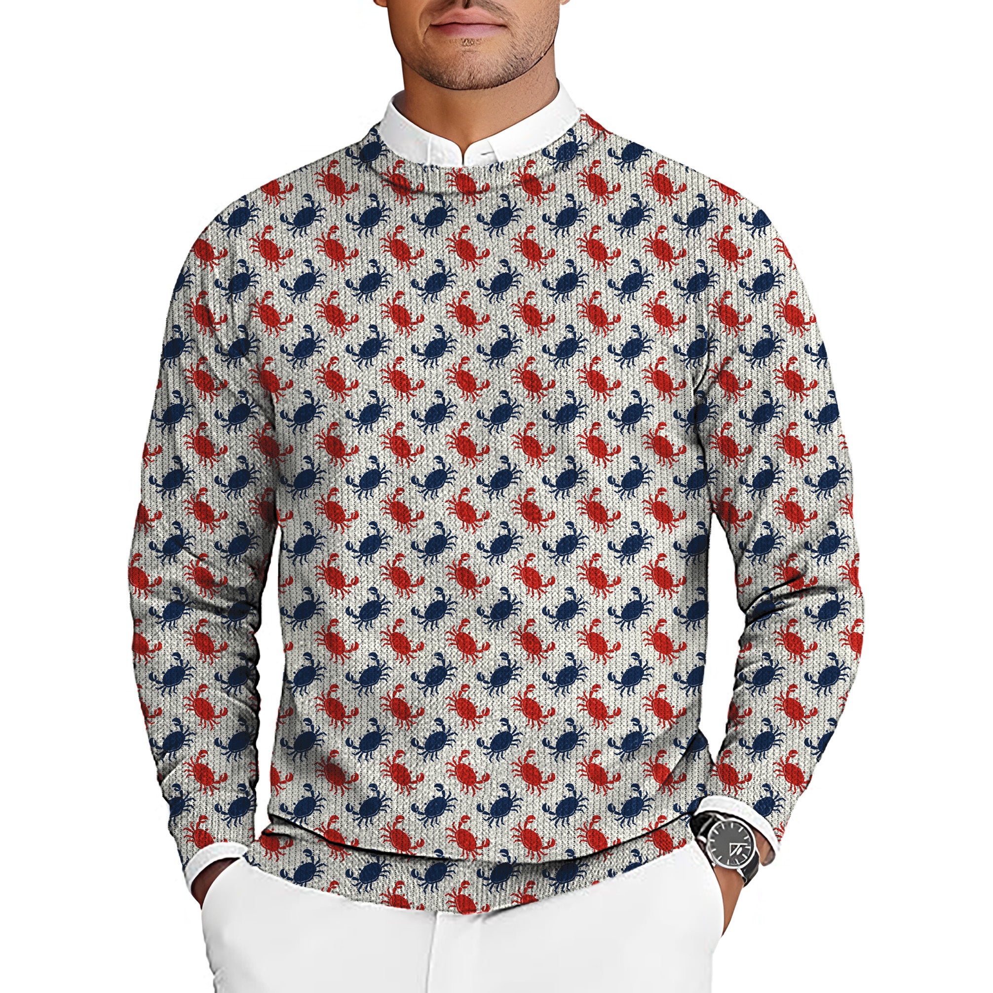 Blue and red Crab Men's Golf Crewneck Pullover Sweaters Ugly Sweater