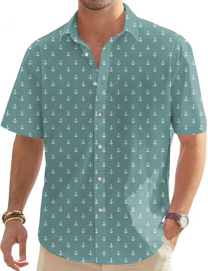 Green blue anchor print men's short sleeve golf Hawaiian button-down shirt