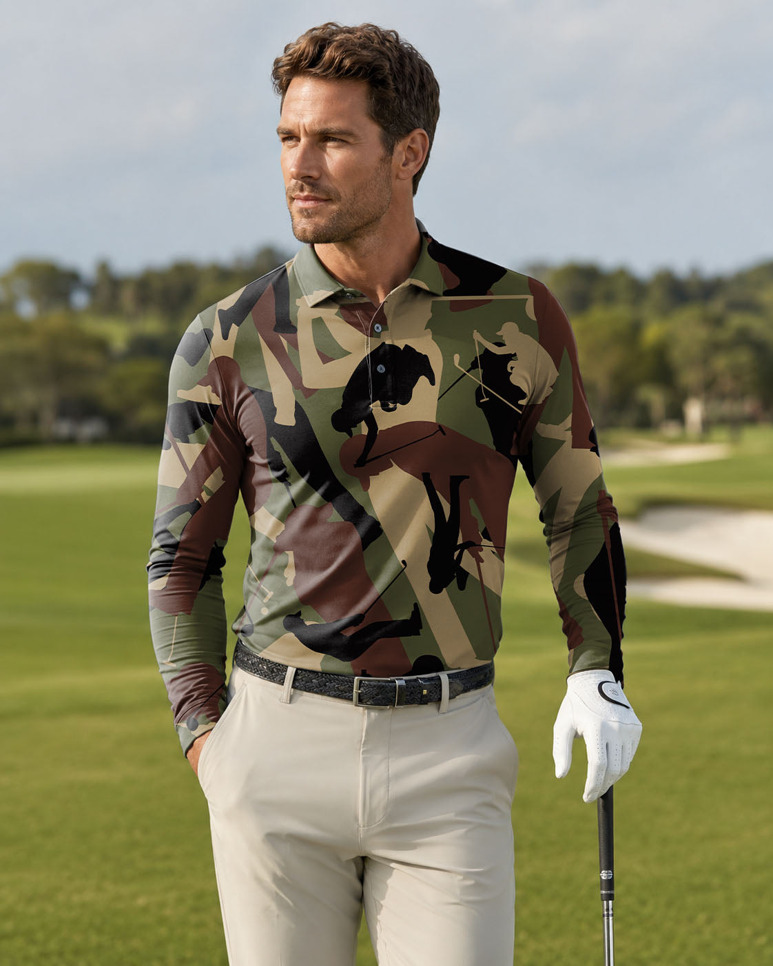 Men's Army Green Golf Long-sleeved Polo