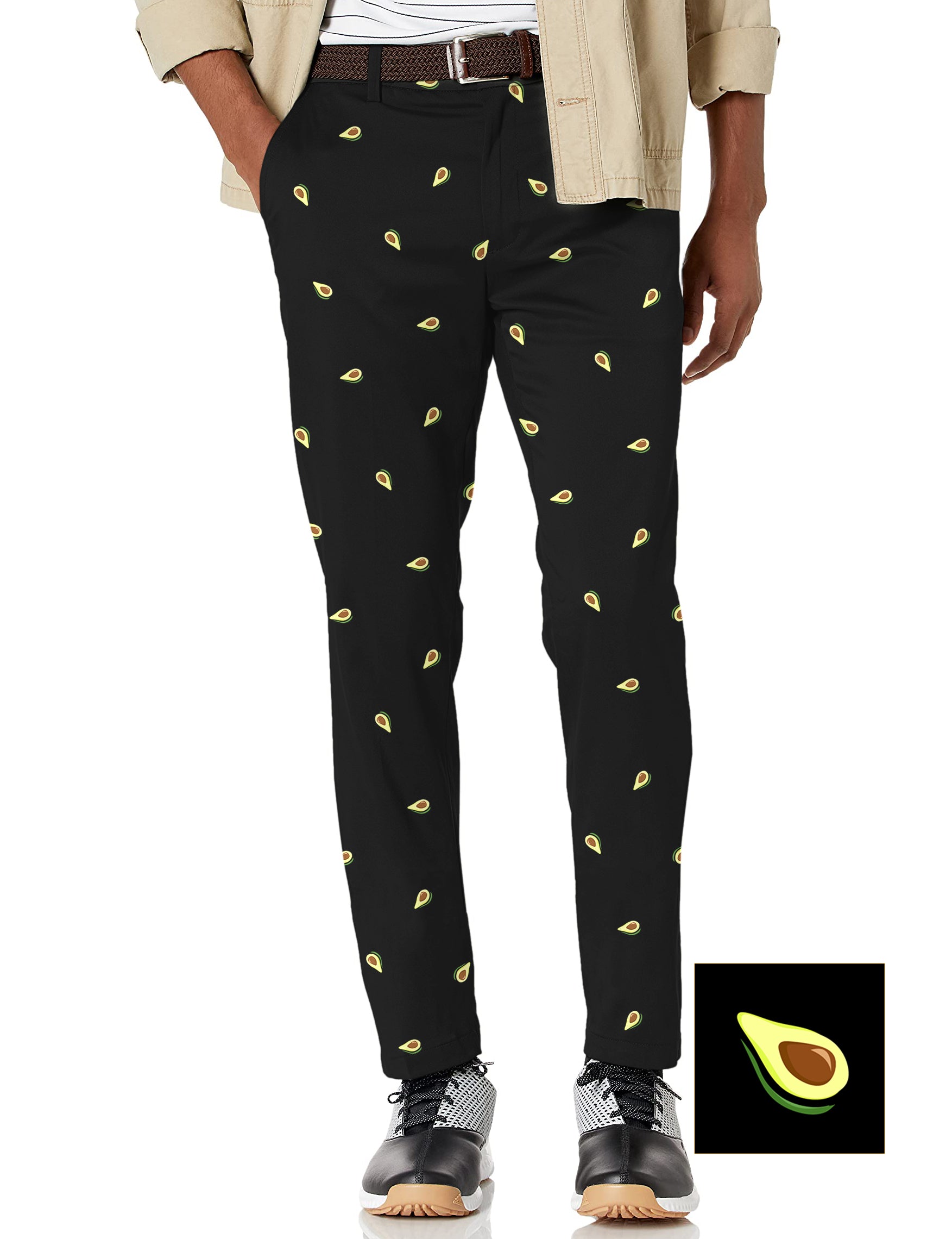 Men's Avocado Custom stretch golf pants with avocado print and performance fabric