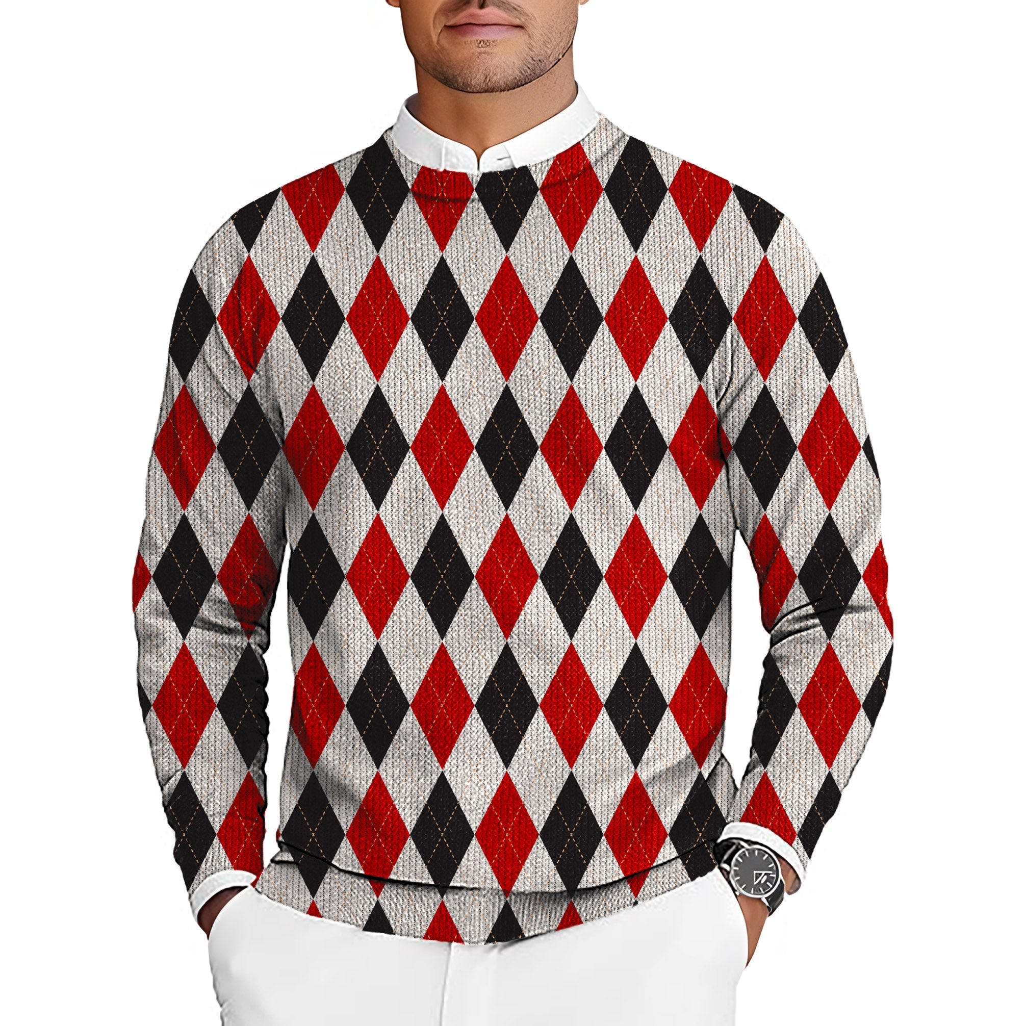 Men's Argyle red black grid golf crewneck pullover sweater
