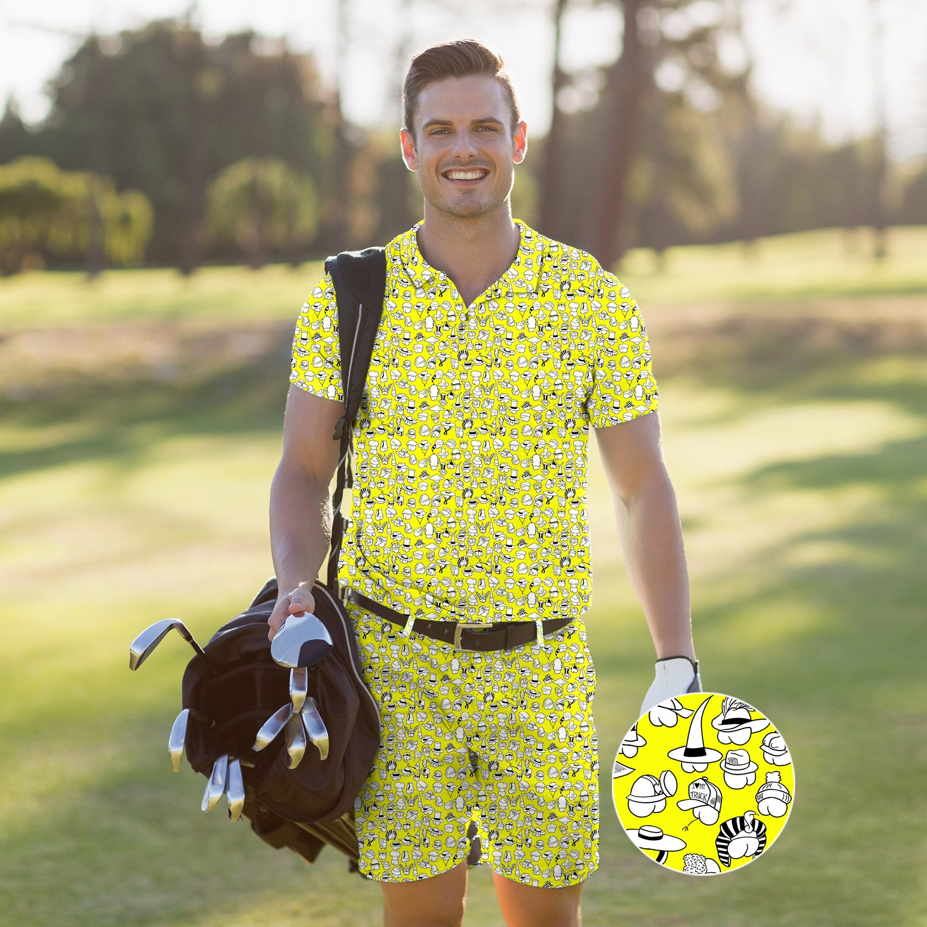 Men's Golf Set Polo+Shorts Yellow Versatile Hips Designer style