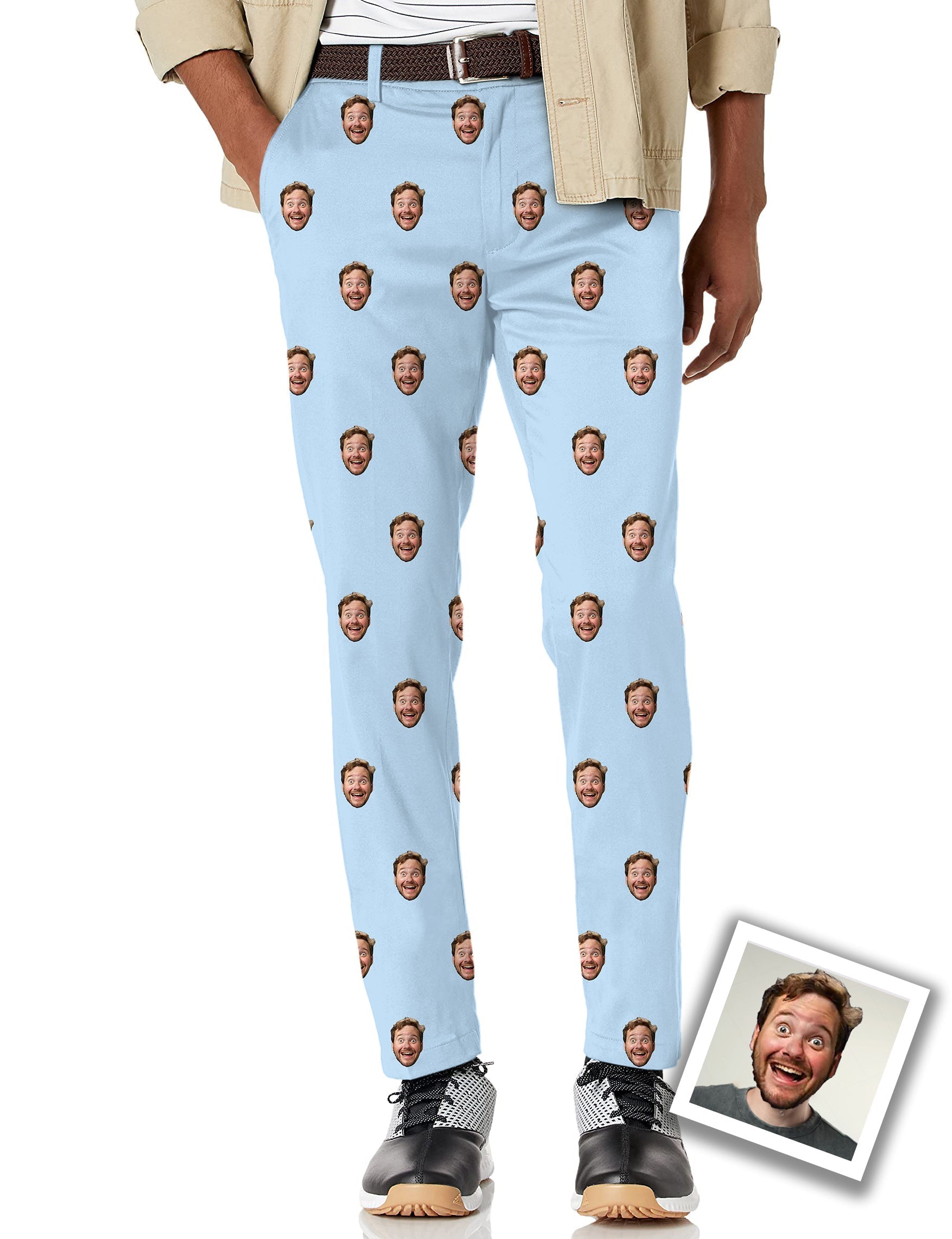 Men's custom photo funny face stretch golf pants in light blue with moisture-wicking fabric and active waistband