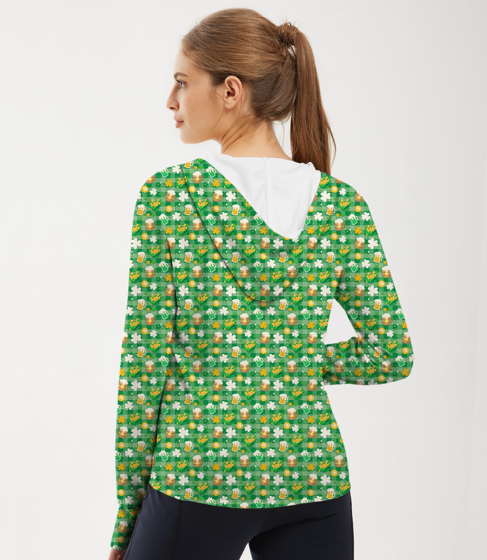 Women's Outdoor Green beer and clover leaf St. Patrick's Day Golf Sun Protection Slim Fit zip hoodies