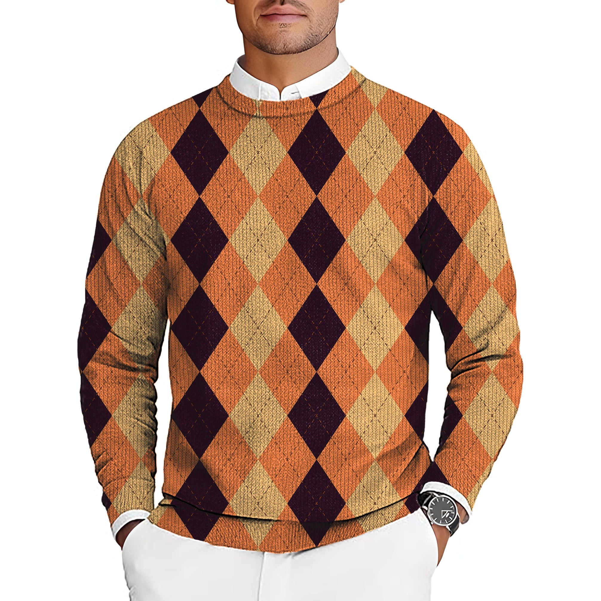Halloween Black Light men's argyle golf crewneck pullover sweater in yellow and orange