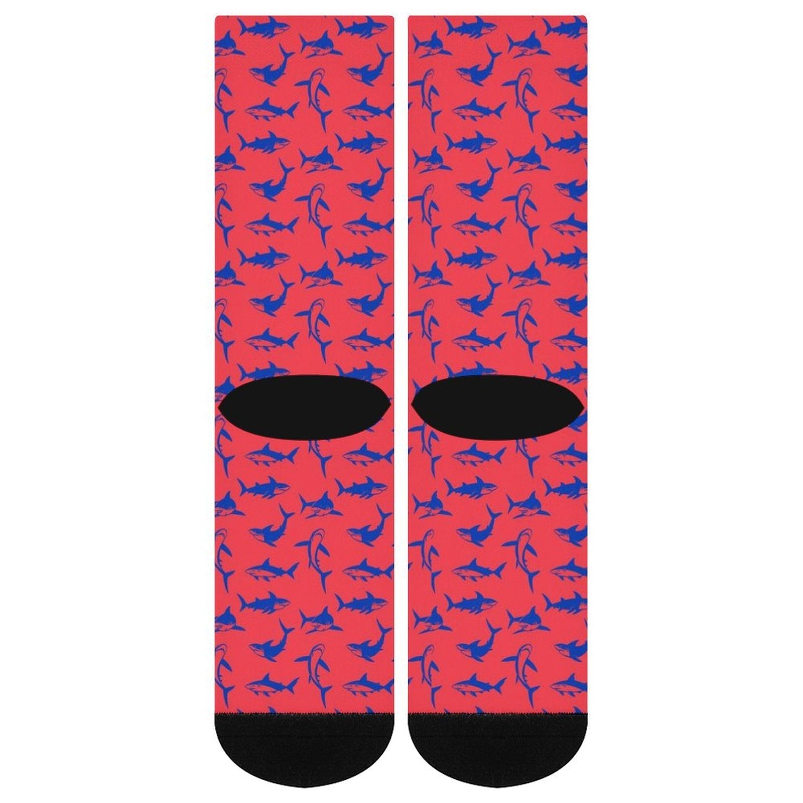Underwater frenzy printed crew socks with shark pattern in red and blue, cushioned sole for comfort, durable polyester blend, perfect water frenzy printed sock gifts for men and women.