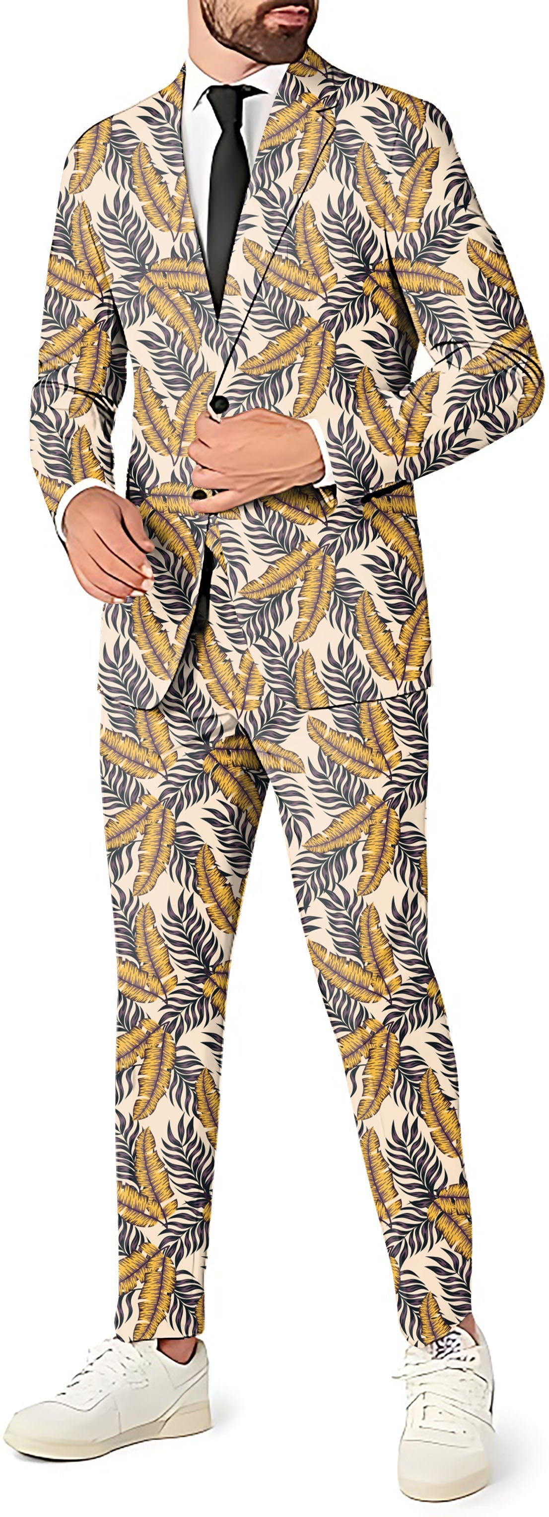 Golden Tropics Men's tropical leaf print blazer suit with pants and vest for theme parties