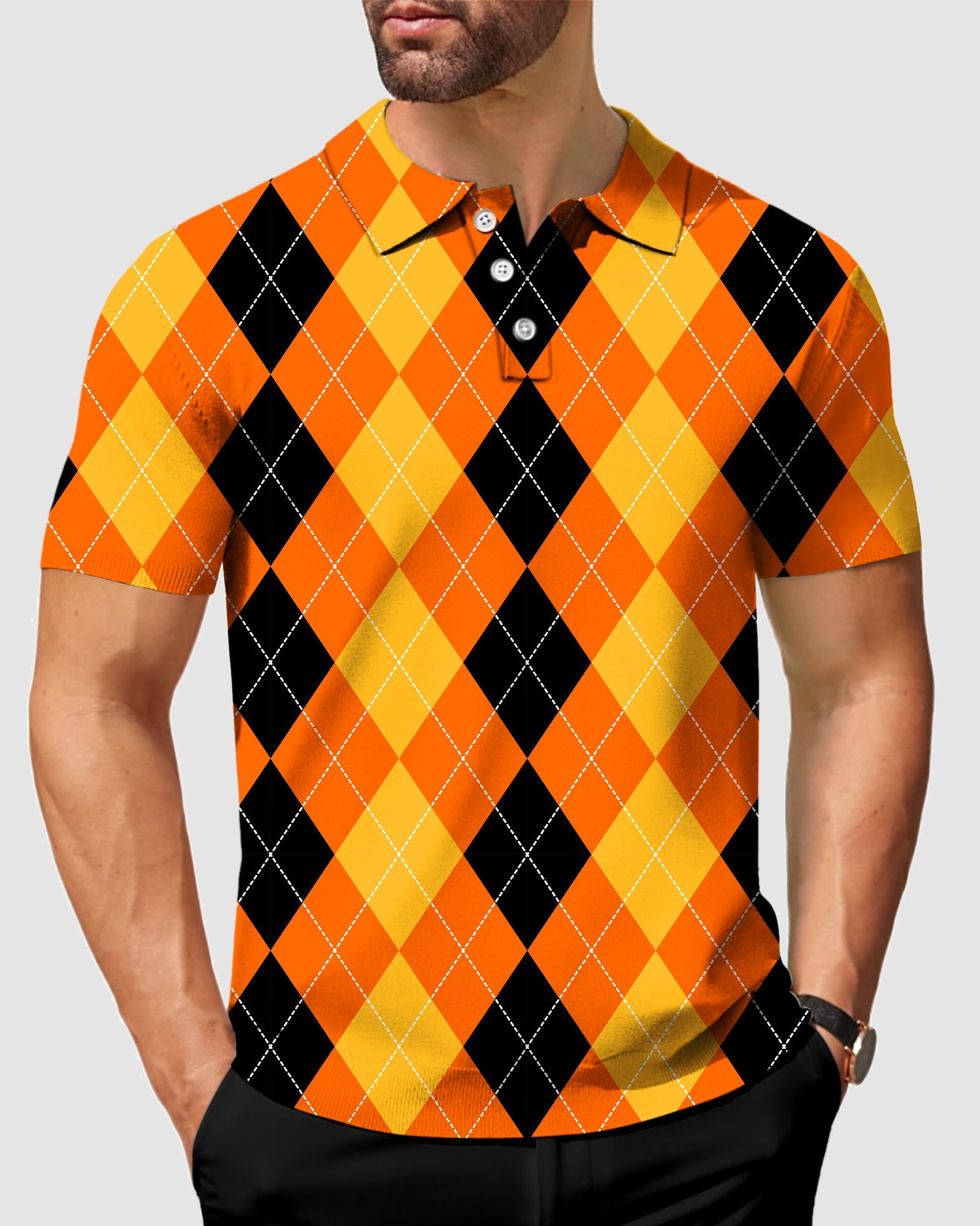 Men's Halloween black yellow orange argyle polo shirt with four-way stretch and moisture-wicking fabric