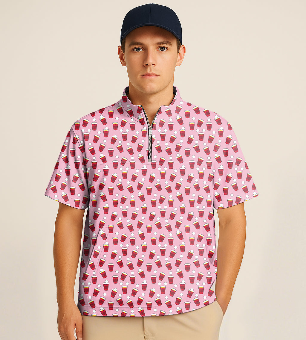 Half zipper turtleneck golf shirt with red solo cup embroidery and customizable design