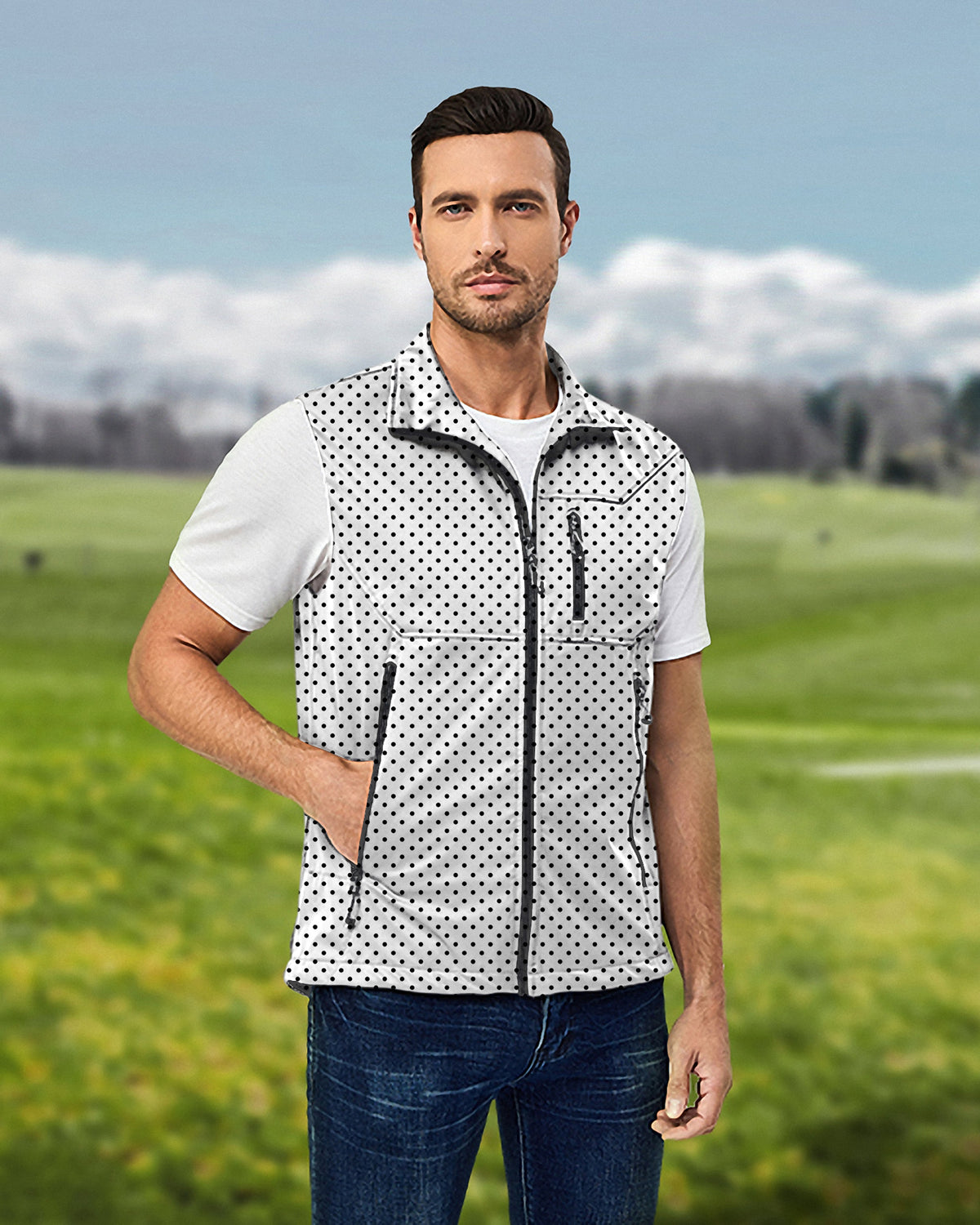 Men's Black polka dots white background Lightweight Softshell Vest Sleeveless Jacket for Golf Windproof Waterproof