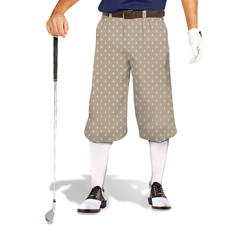 Beige anchor patterned men's golf knickers pants with snug ankle cuffs and adjustable Velcro design.