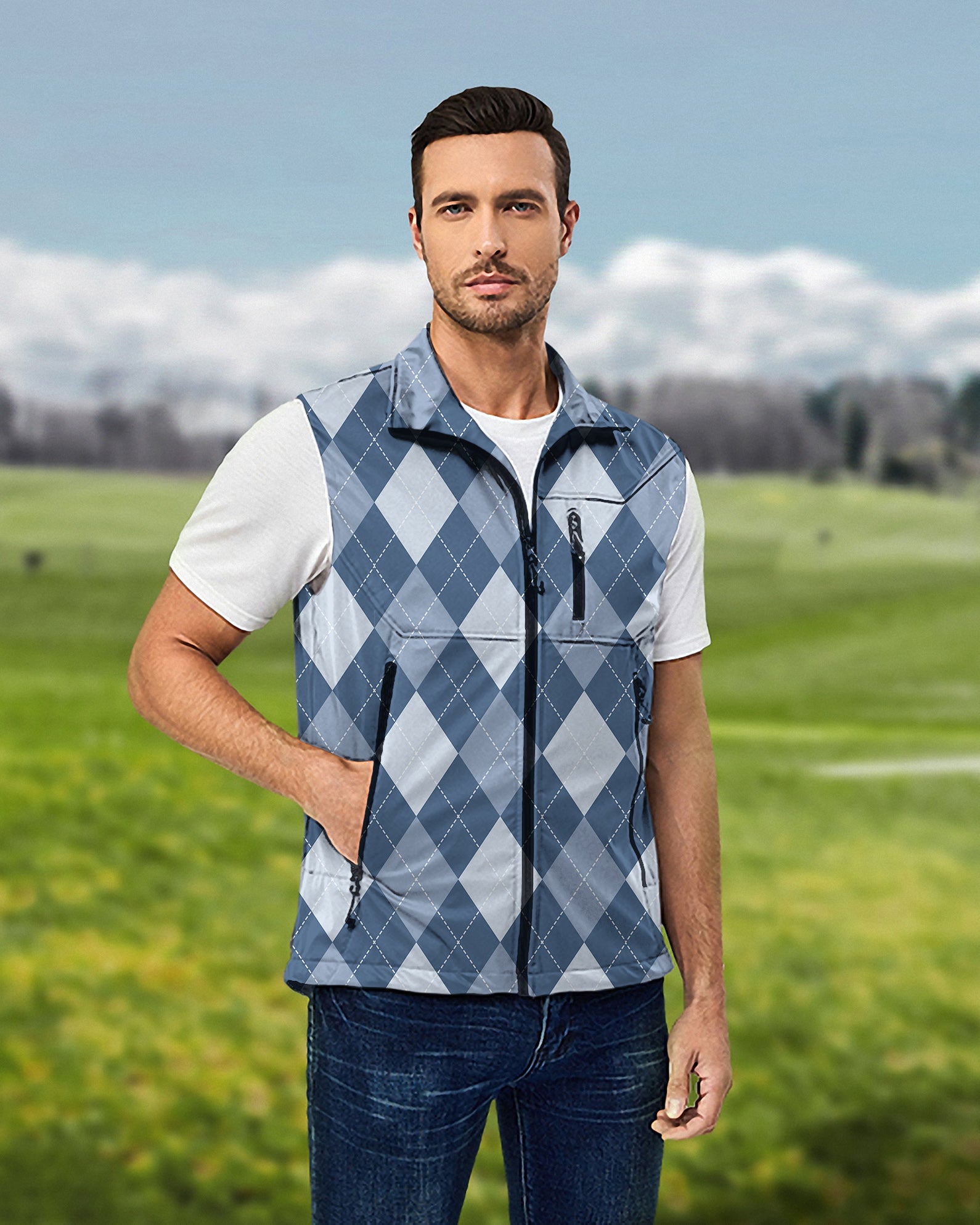 Men's blue argyle lightweight softshell vest sleeveless jacket for golf outdoors