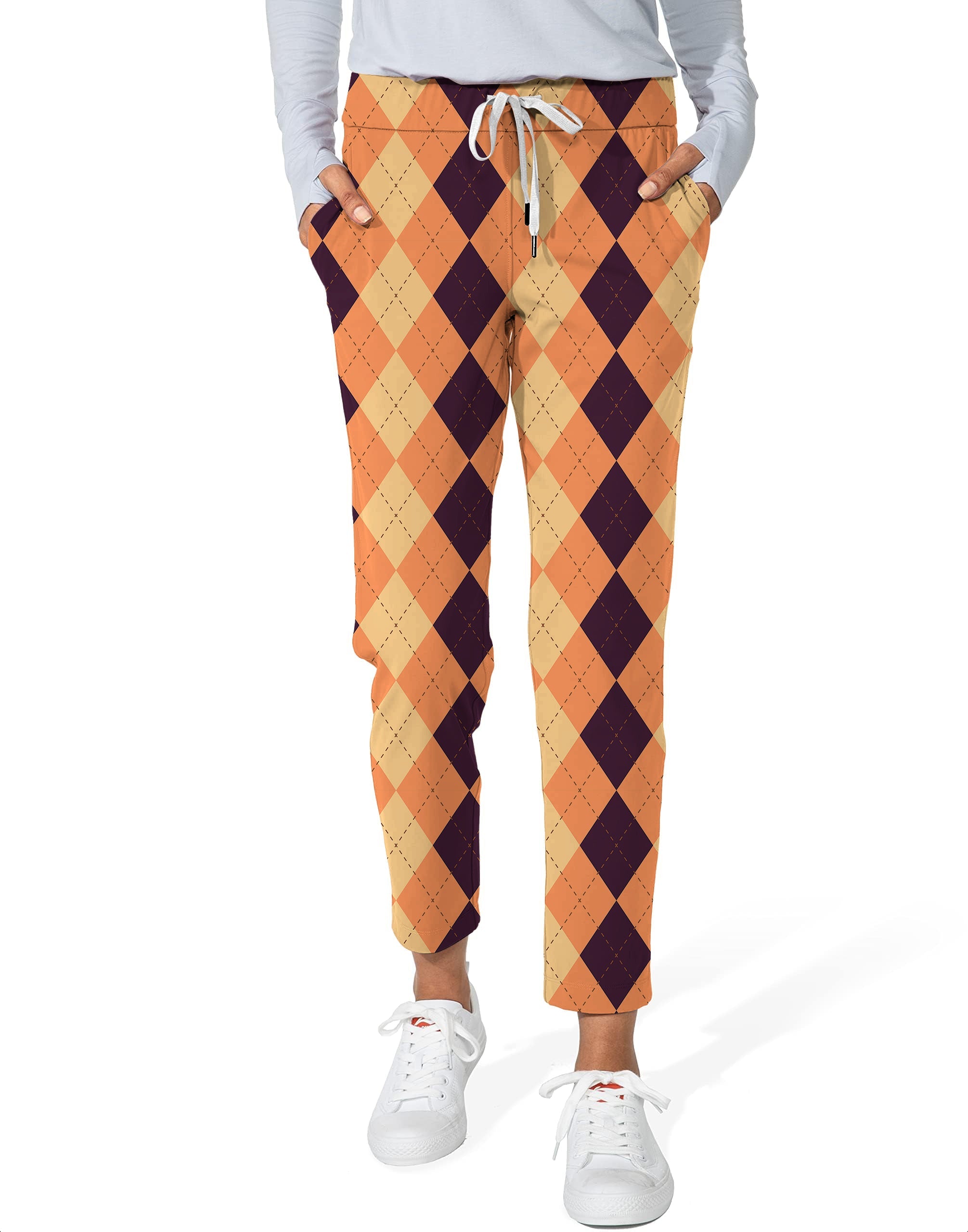 Halloween Black Light yellow and orange argyle women's 7/8 stretch ankle golf pants