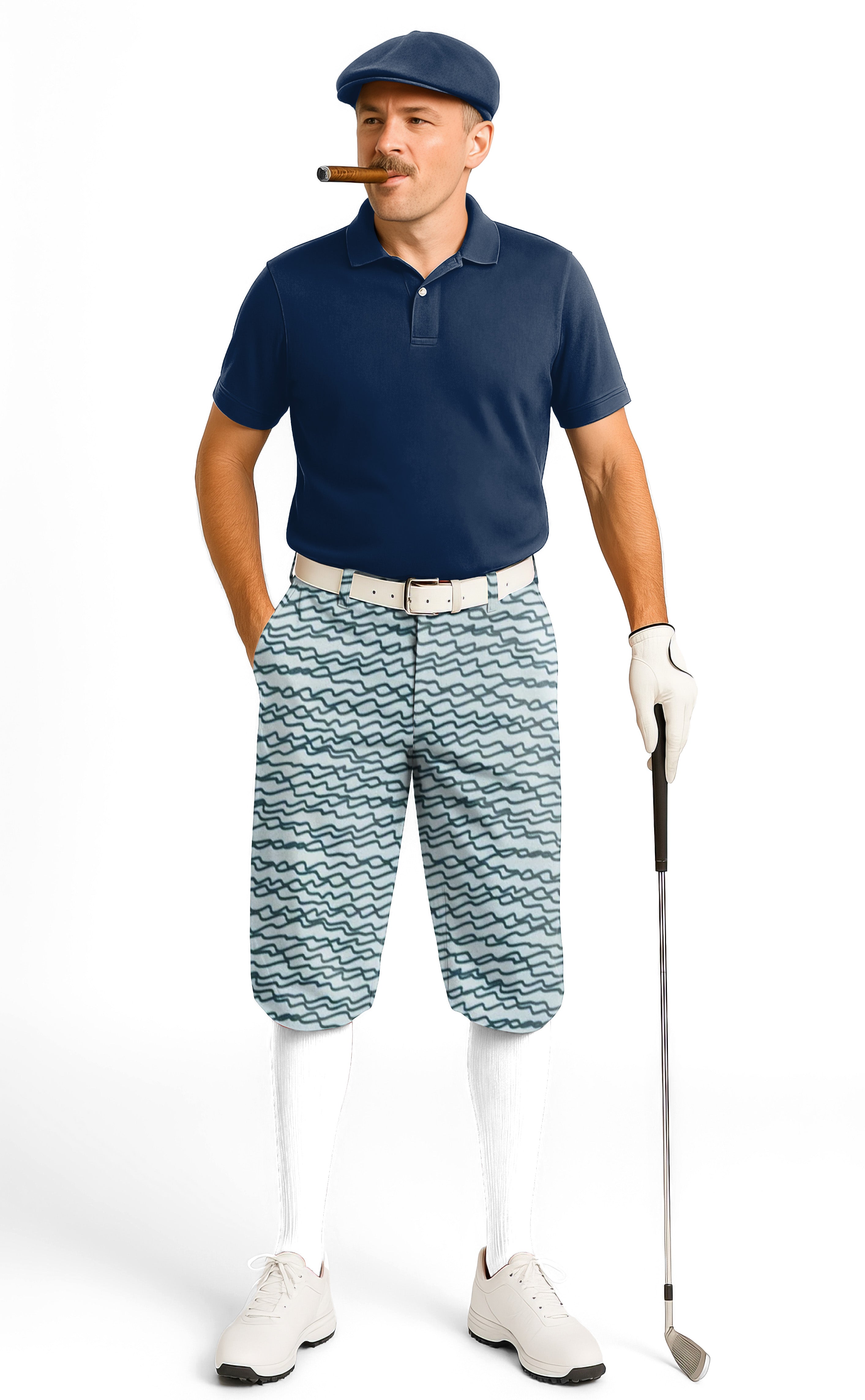 Men's golf knickers with green irregular wavy lines pattern, breathable and wrinkle-resistant fabric.