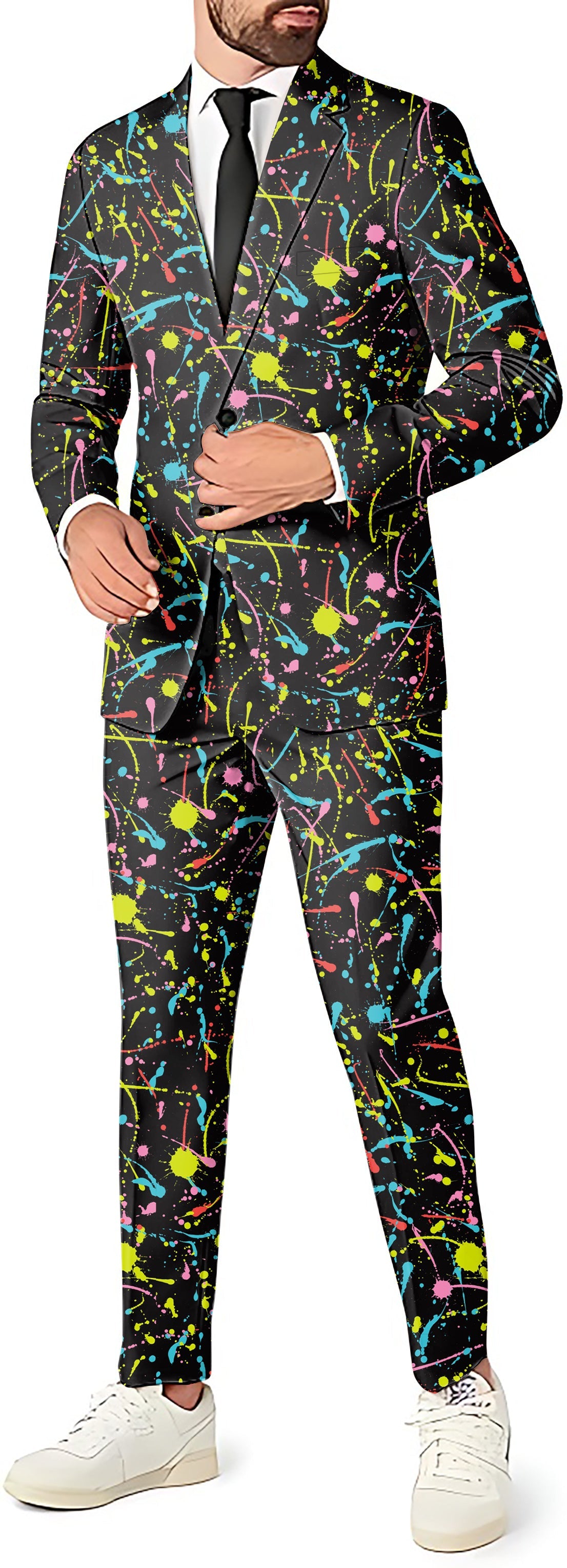 PAINT SPLATTER Men's party suit with colorful paint splatter blazer, pants, and vest set