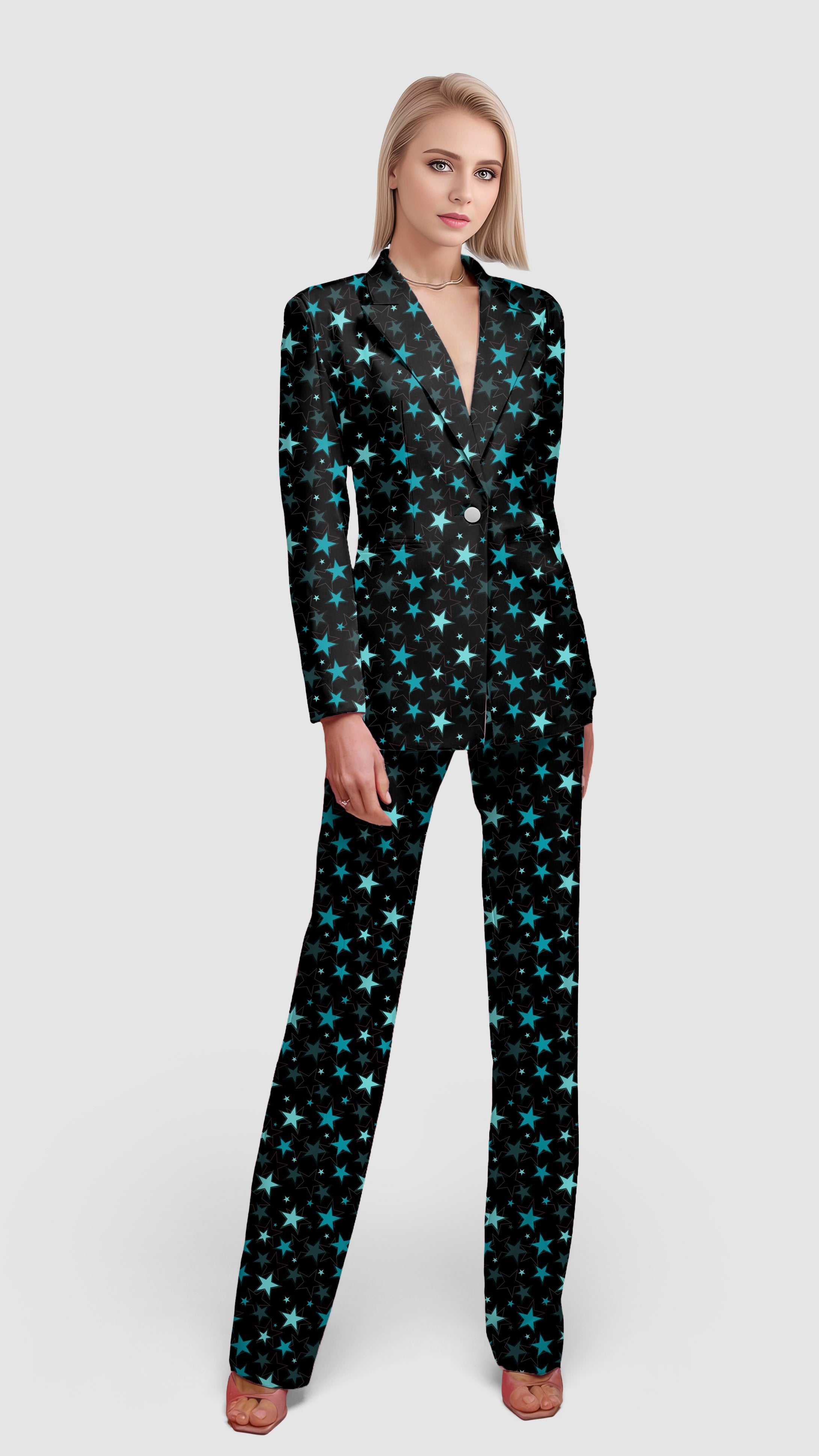neon star women's blazer suit set with turquoise stars on black, single-button lapel collar jacket with flap pockets, styled for casual work and office wear