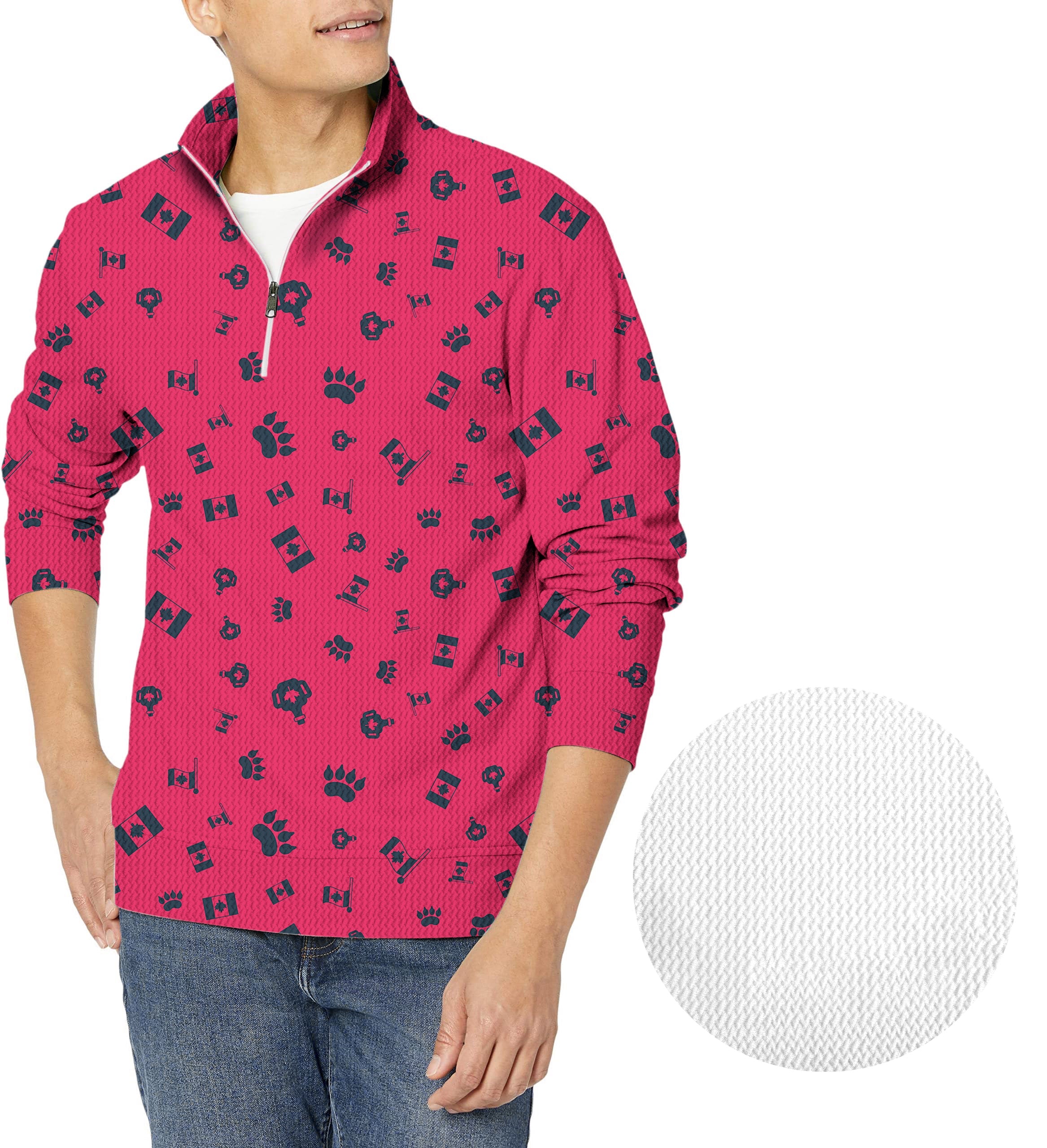 Men's golf waffle zipper pullover with Canadian Flag Paw pattern in red and black