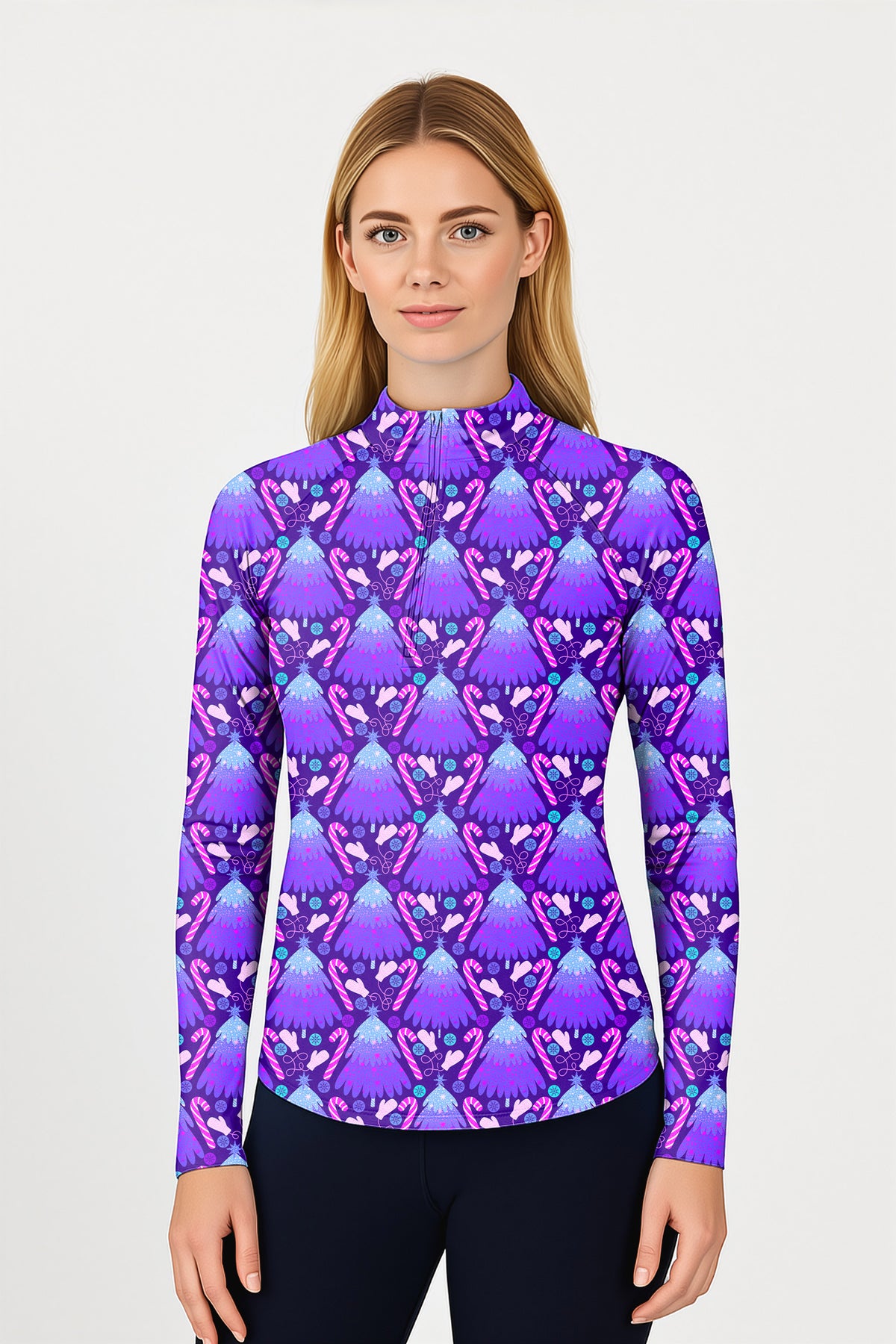 Magical Christmas Tree Women's Golf Active 3/4 Zipper Top Long Sleeves