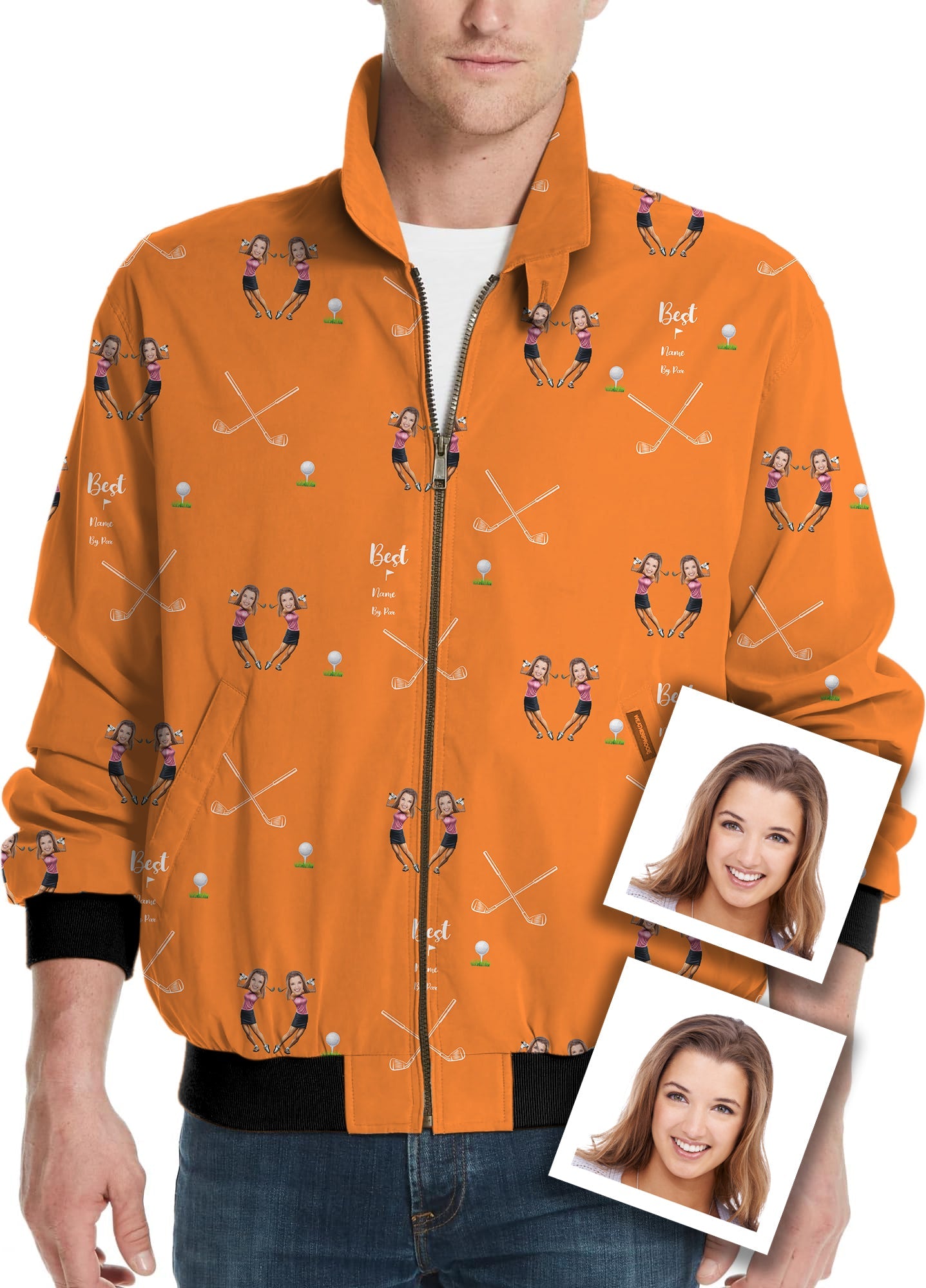 Men's golf windbreaker jacket with custom sister photo and name design in orange color