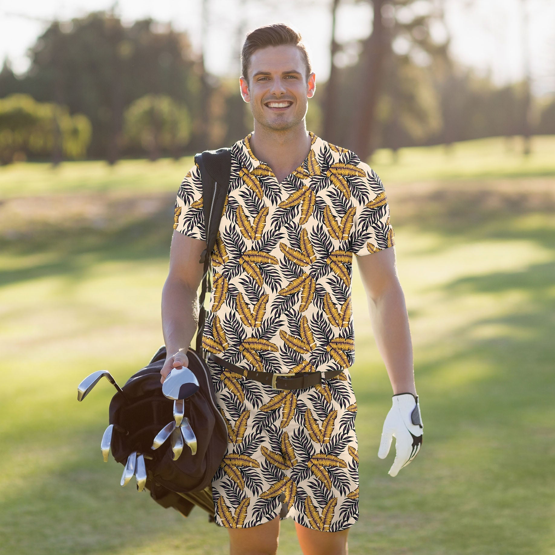 Men's golf set with golden tropics polo and shorts featuring four-way stretch, moisture-wicking fabric, wrinkle resistance, UPF 40+ protection, and classic fit.