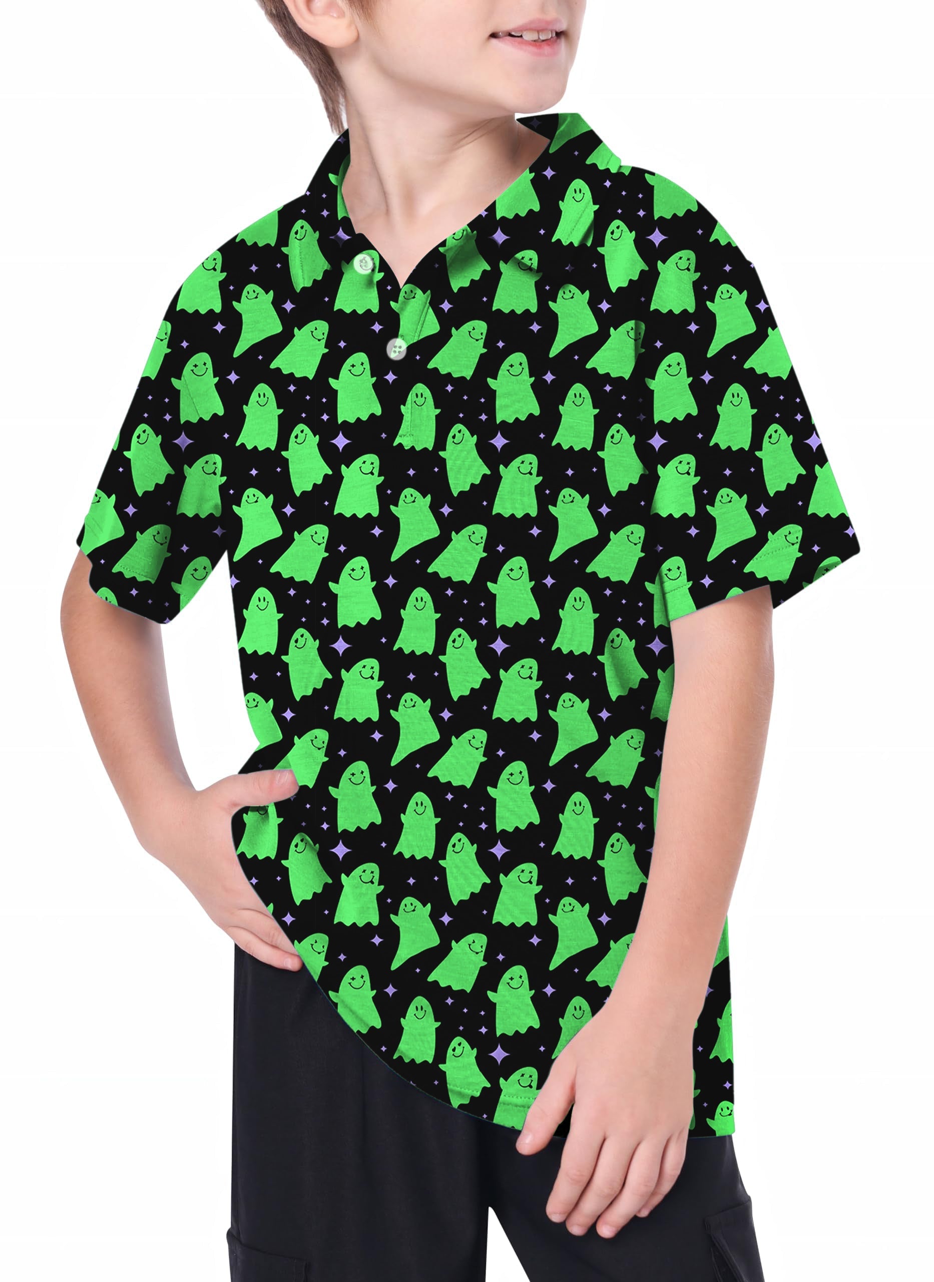 Youth green ghost golf polo with stretchy, moisture-wicking fabric and playful ghost print