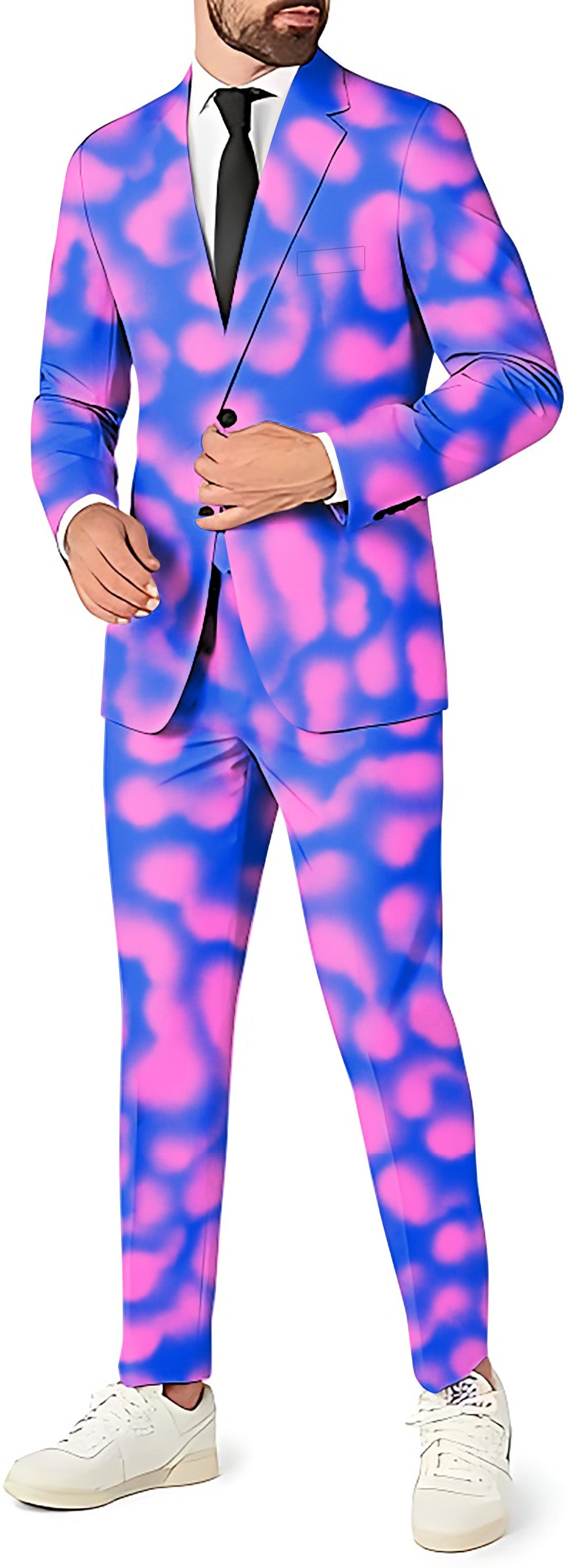 Space Aura men's party costume suit set with pink and blue blazer, pants, and vest